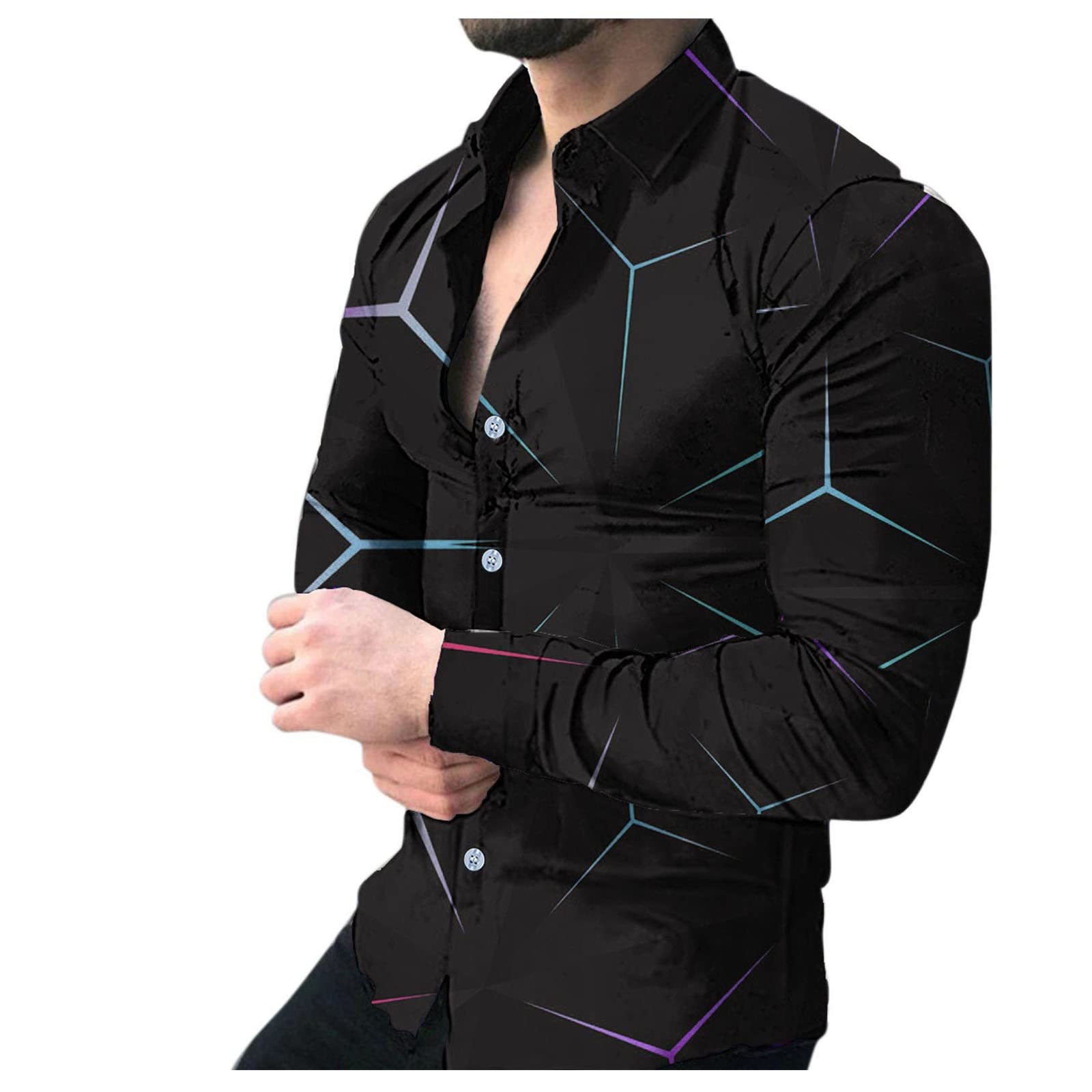 Men's Slim Fit Long Sleeve Button Down Shirt - Casual Printed Lapel Cardigan Style T-Shirt for Office, Date Night & Everyday Wear
