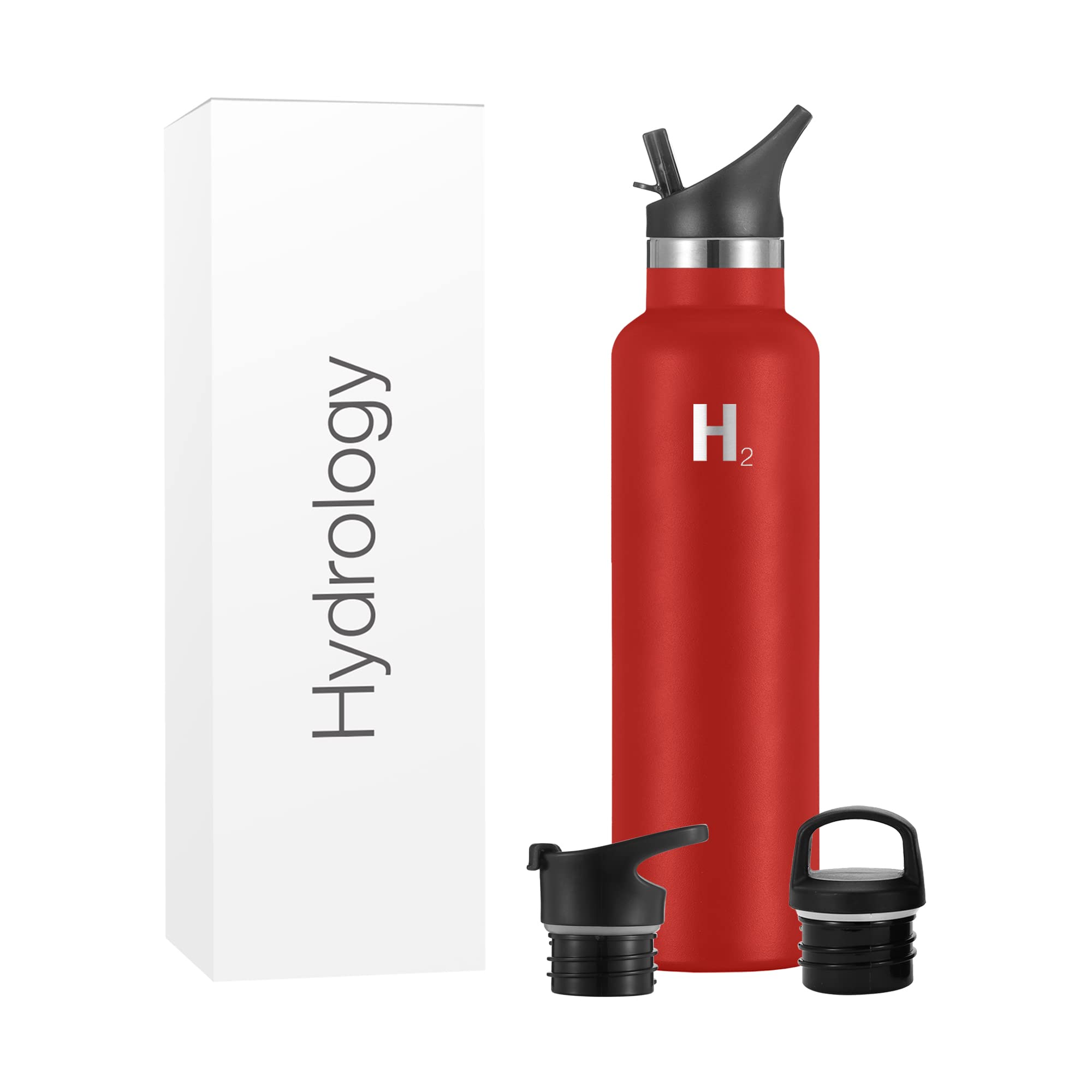 H2 Hydrology Narrow Mouth Stainless Steel Insulated Water Bottle - 24oz Vacuum Insulated Double Wall Metal Thermos for Hot & Cold Drinks - Comes with 3 Lids (Red) - Perfect for Gym, Hiking, Camping & Outdoor Activities