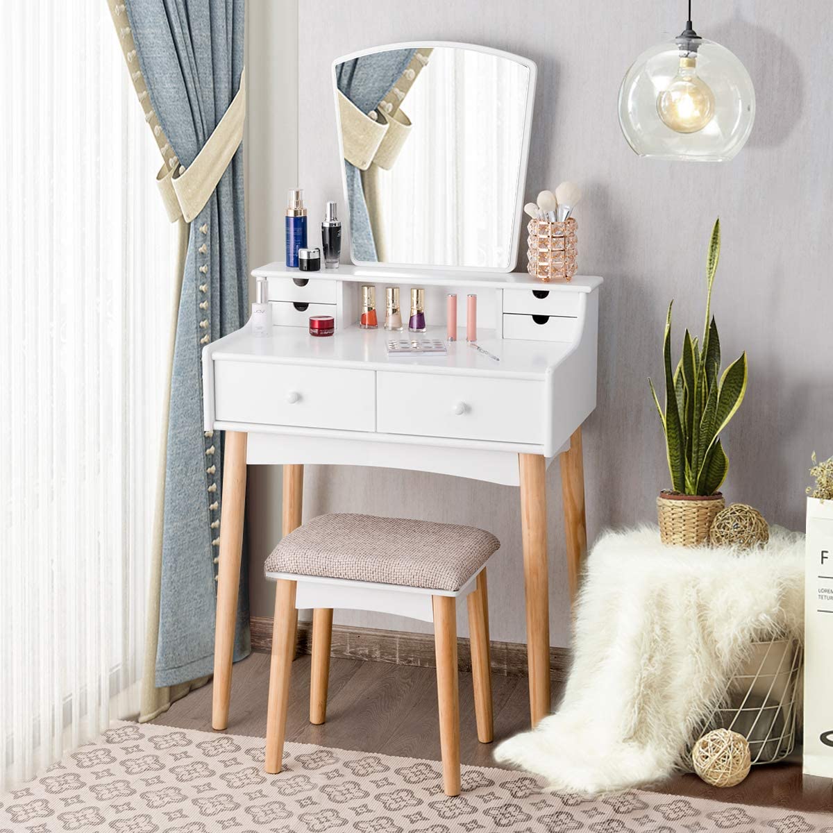 Charmaid 6-Drawer Makeup Vanity Set with Cushioned Stool & Unique Mirror - Modern Dressing Table for Bedroom & Bathroom, Elegant Vanity Desk for Women & Girls | Perfect for Makeup Organization, Beauty Routine & Small Space Decor