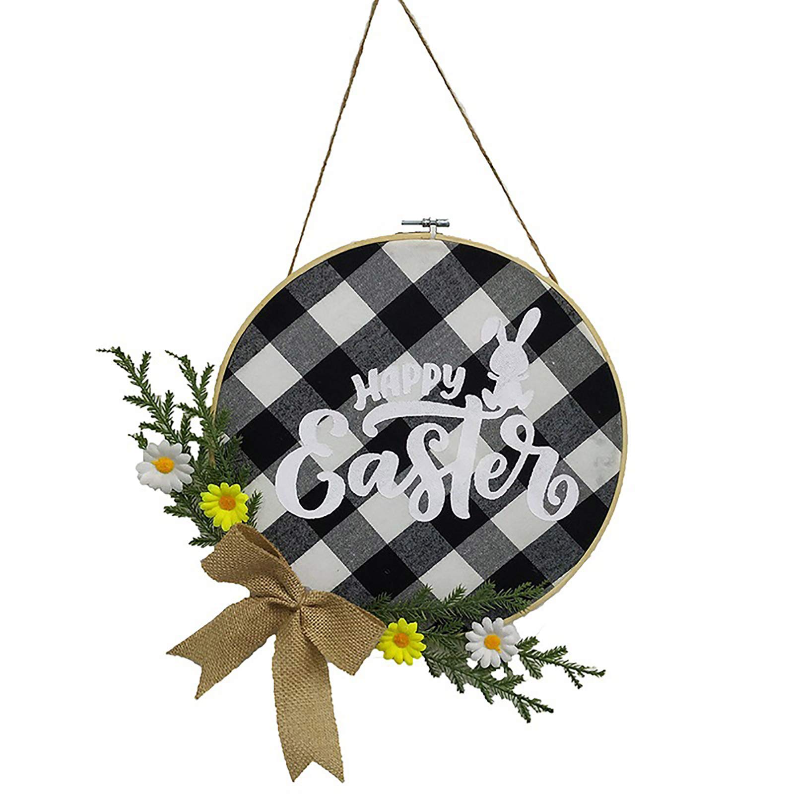 Firlar Happy Easter Round Sign - 12 Inch Black and White Grid Hanging Decor for Door, Wall & Window | Easter Wreath & Door Hanger for Home, Party & Spring Festival Decorations
