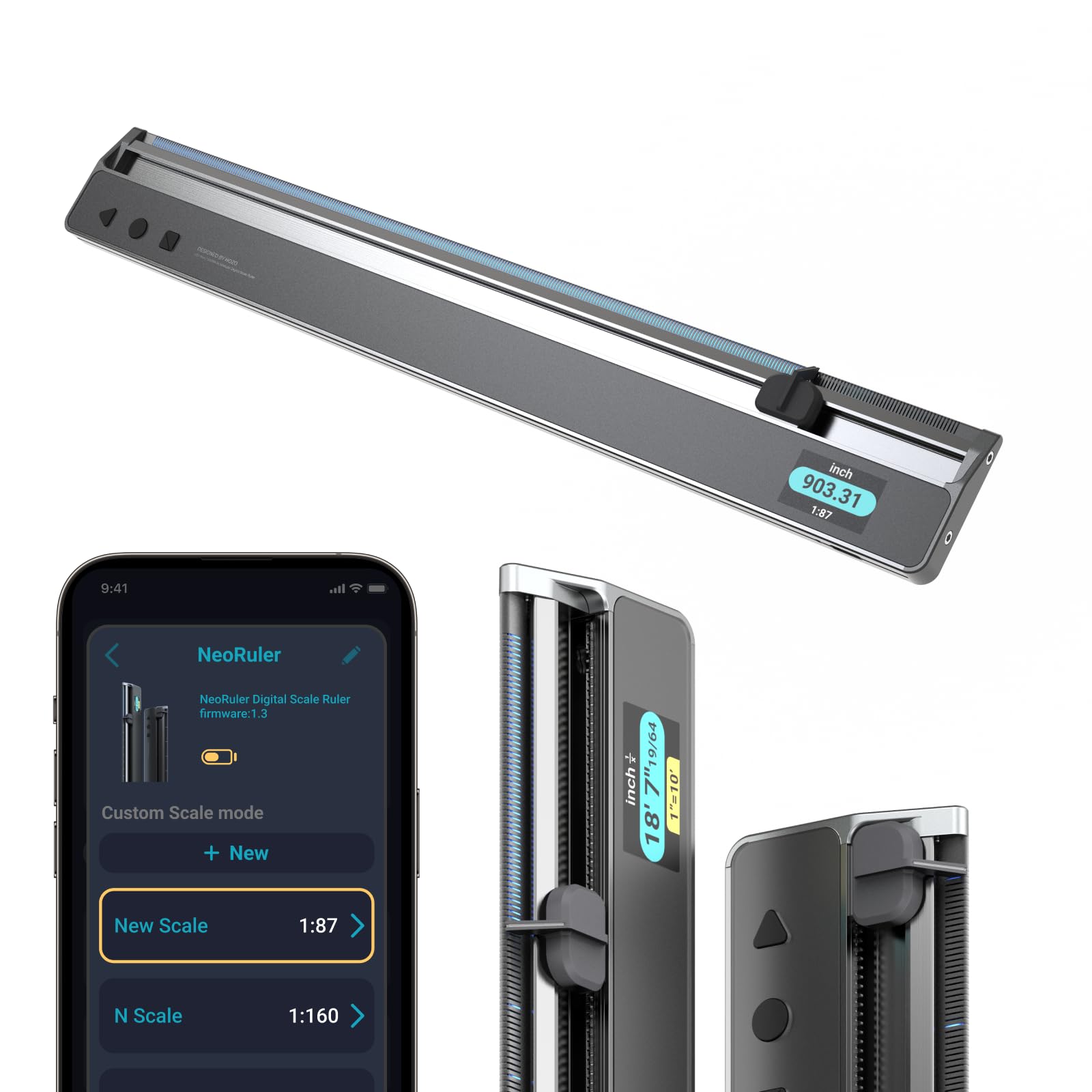 NeoRuler 12-Inch Digital Scale Ruler - Smart Measuring Tool with Infinite Custom Scales, ±0.004