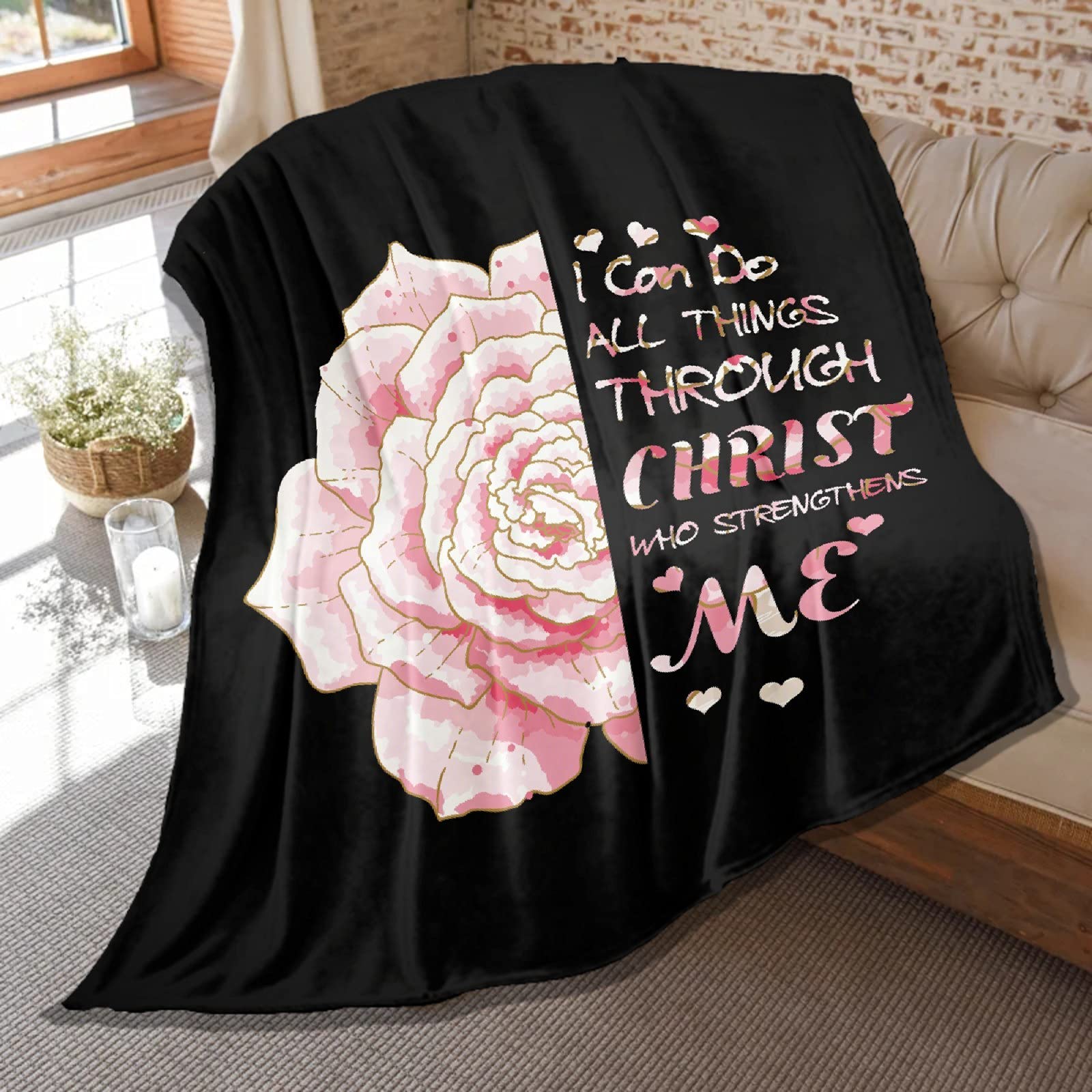 Bible Verse Throw Blanket - Soft Floral Flannel for Bed & Sofa - Warm Gift for Kids
