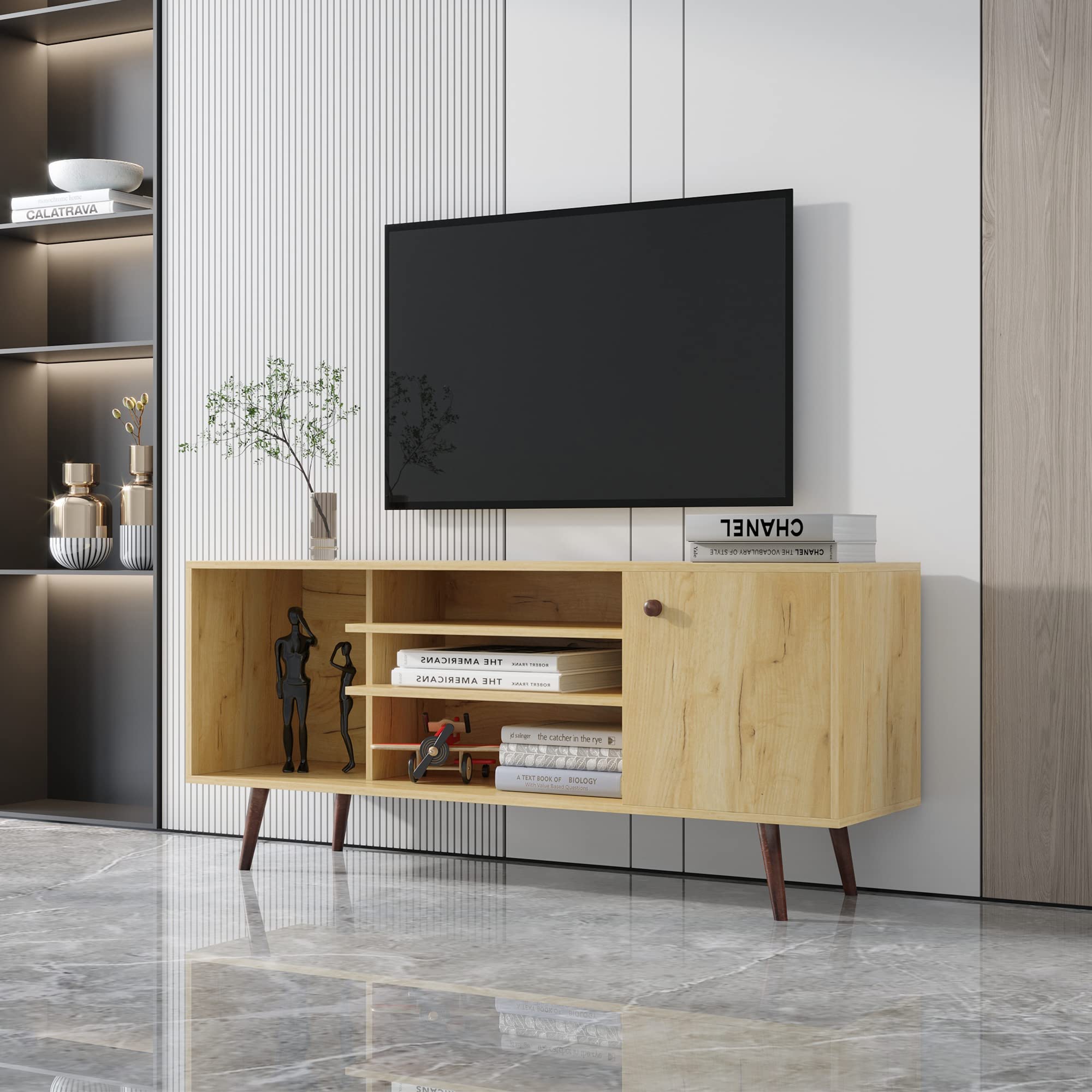 DMAITH TV Stand for Living Room with 1 Storage Cabinet & 2 Shelves - Sturdy Particle Board Media Console - Perfect for Flat Screen TVs, Gaming Consoles & Home Entertainment Systems