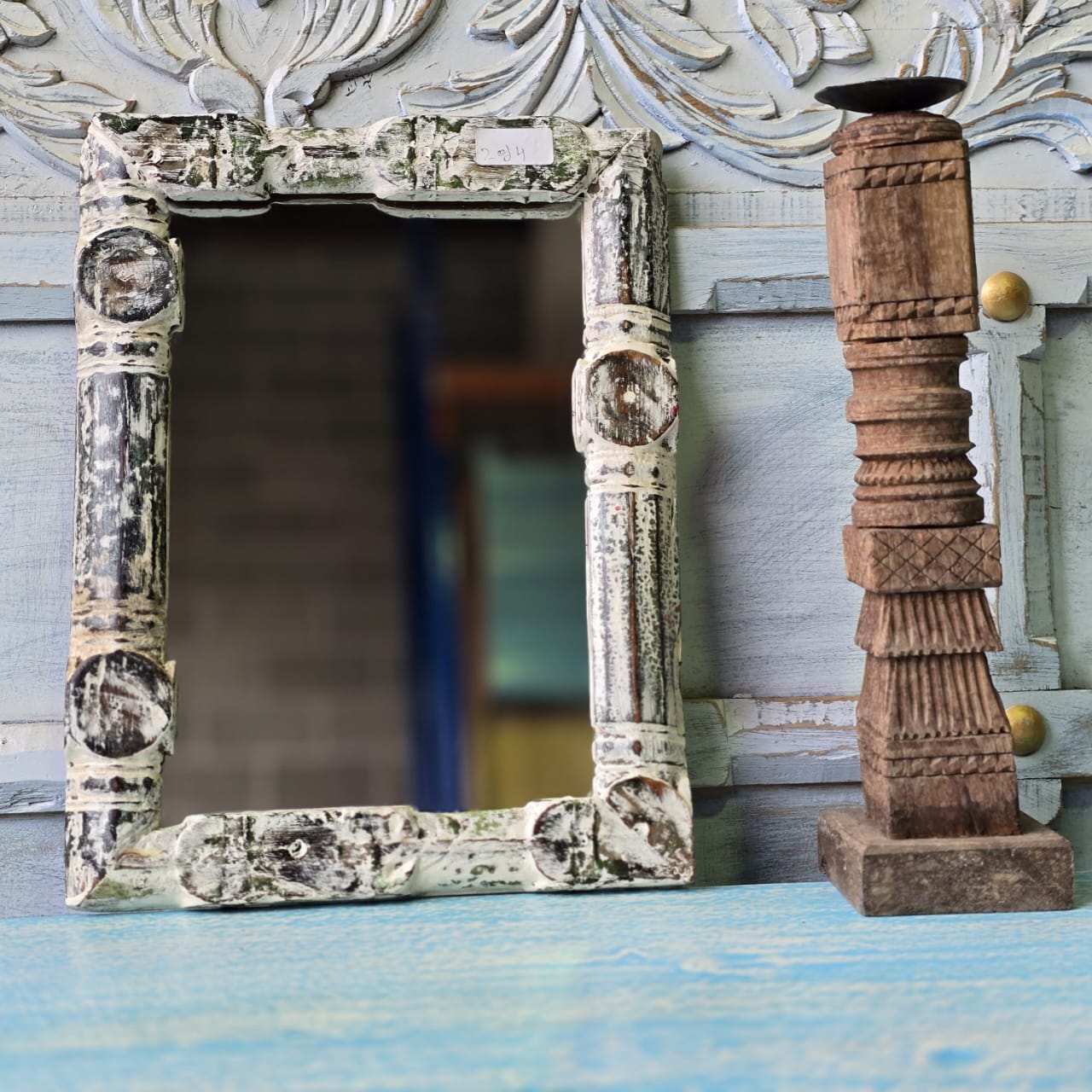 Handmade Solid Wood Carved Indian Furniture Mirror Frame - Rustic White 06 - Perfect for Living Room, Bedroom, or Home Decor