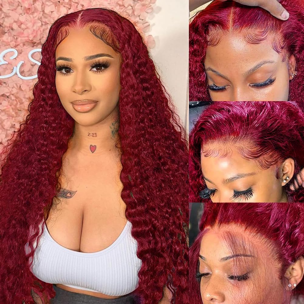 250% Density 99J Burgundy 13x6 Deep Wave HD Lace Front Wig - Brazilian Virgin Human Hair for Women | Glueless Pre-Plucked with Baby Hair | Natural Looking Deep Curly Lace Frontal Wig (28 Inch) - Perfect for Daily Wear, Parties, and Special Occasions