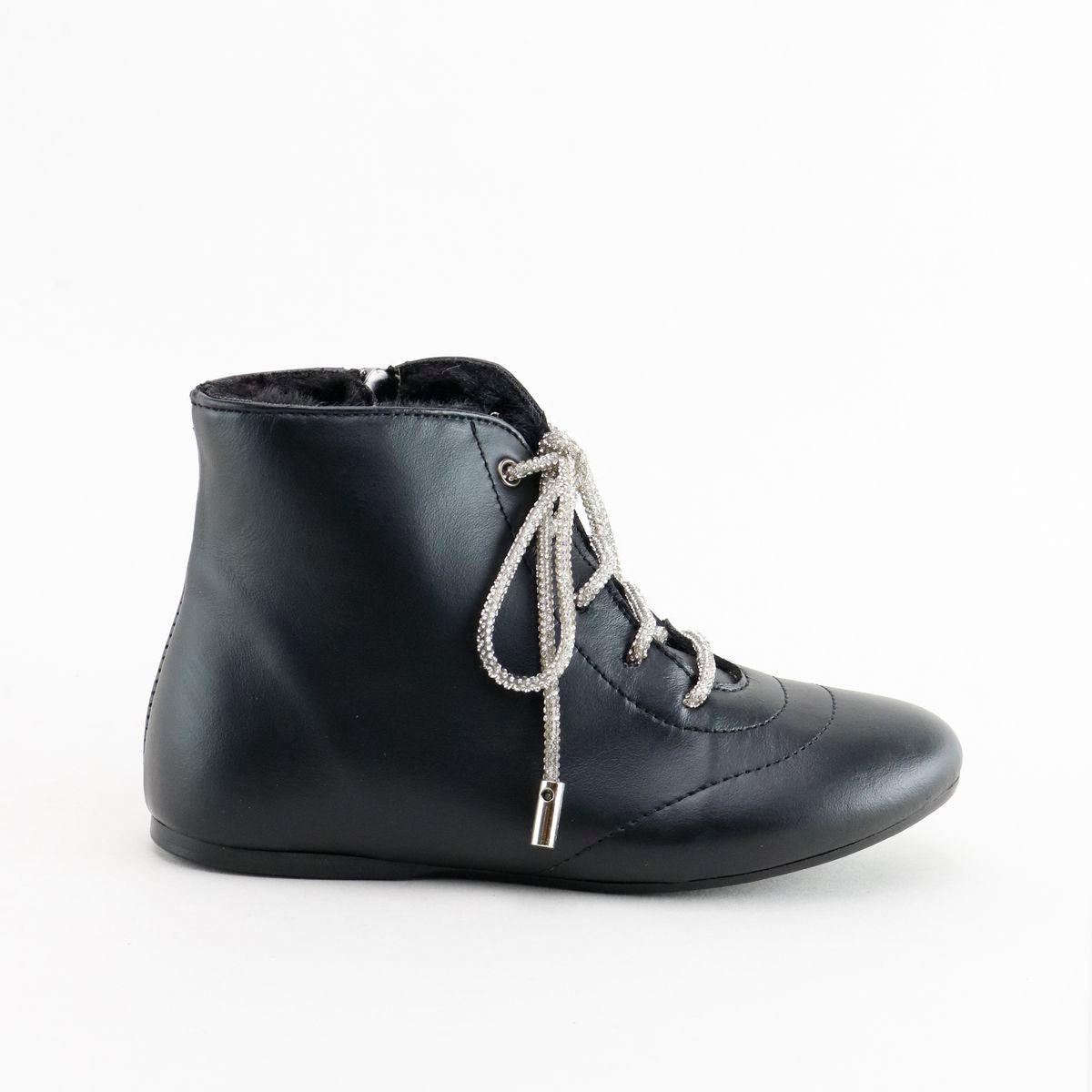 Black Leather Rhinestone Lace Ankle Boots for Women - Elegant Pointed Toe Heeled Booties for Party, Night Out & Special Occasions