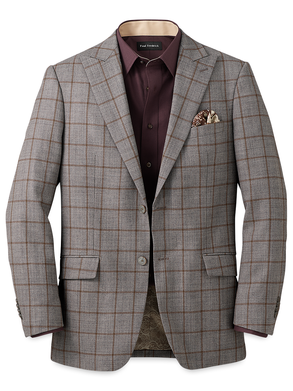 Wool Windowpane Single Breasted Peak Lapel Sport Coat - Grey/Brown | Classic Business Blazer for Men | Perfect for Office, Weddings & Formal Events