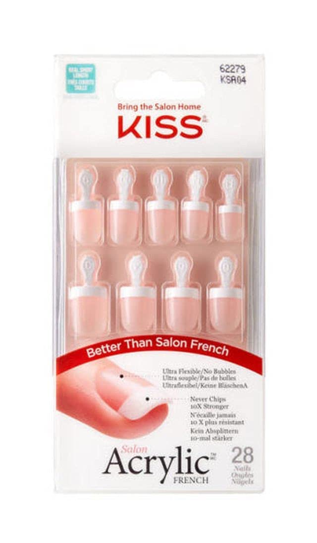 KISS Salon Acrylic French 28 False Nails - KSA04C | Medium Length Square Fake Nails for Women | Perfect for Weddings, Parties & Special Occasions