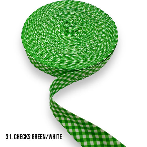 1 Inch (25mm) Check Green & White Bias Binding Tape - Perfect for Quilting, Sewing, and DIY Craft Projects