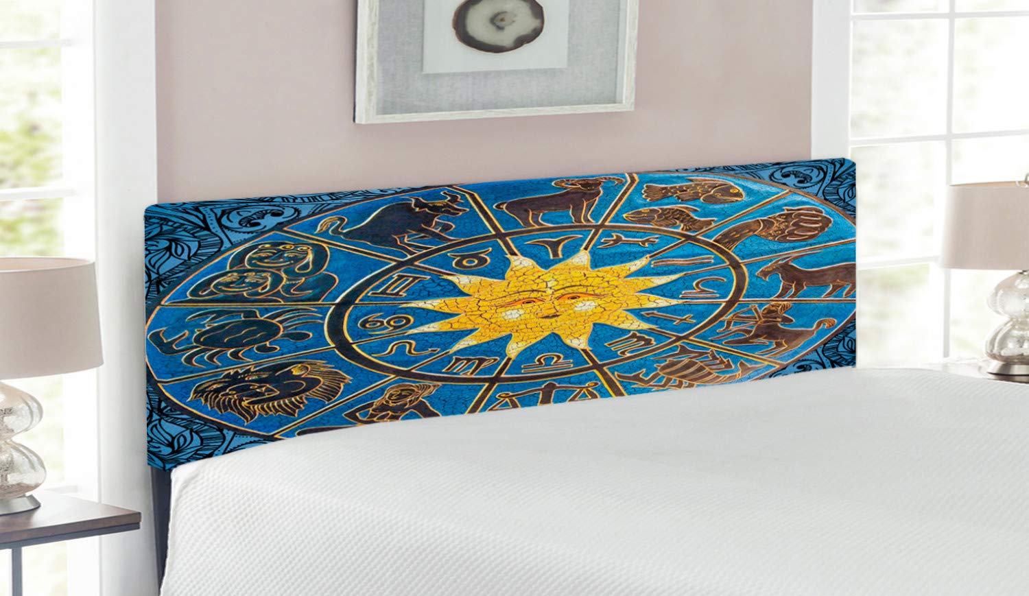 Ambesonne Zodiac Signs Upholstered Headboard with Memory Foam - Queen Size Bed Frame in Azure Blue & Mustard | Astrology-Themed Bedroom Decor for Modern Homes