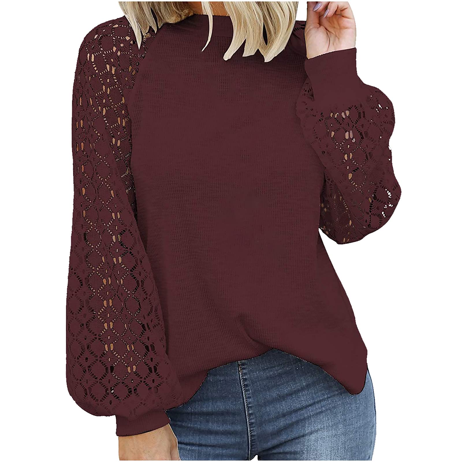 MIVAMIYA Women's Long Sleeve Lace Blouse - Trendy Casual Tunic Top for Fall, Loose Fit Comfortable Pullover T-Shirt | Perfect for Office, Date Night & Everyday Wear