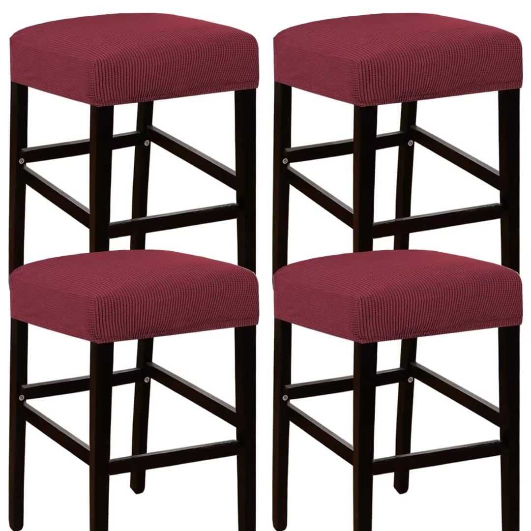 ANWUCHEN 4 Pack Elastic Rectangle Bar Stool Covers - Jacquard Chair Seat Slipcovers for Wooden & Metal Stools, Vanity & Counter Stools (Red) - Perfect for Kitchen, Dining Room & Home Decor