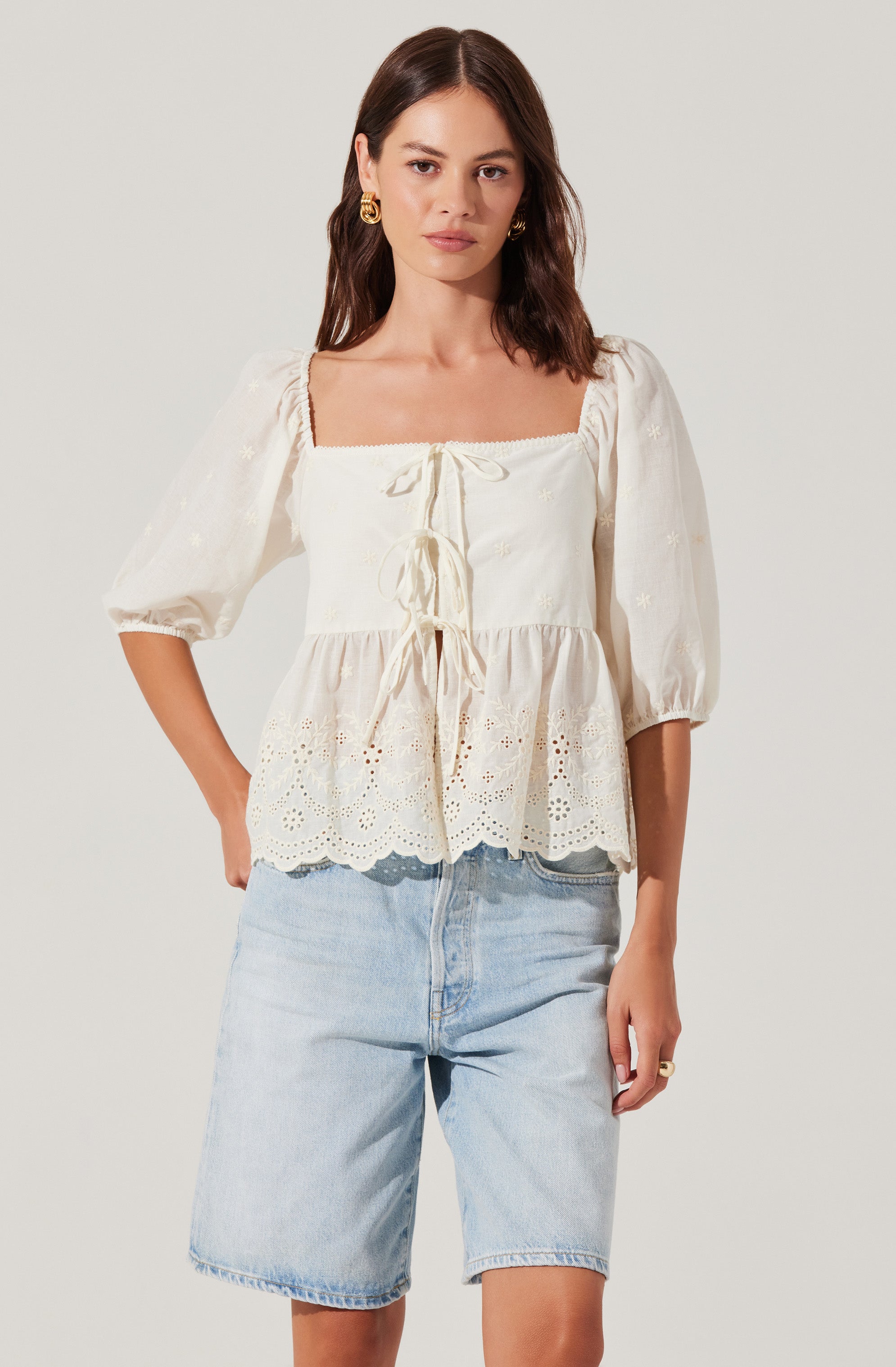 Ezmae Embroidered Tie Front Top - Women's Floral Blouse for Casual & Office Wear | Perfect for Spring & Summer Outfits