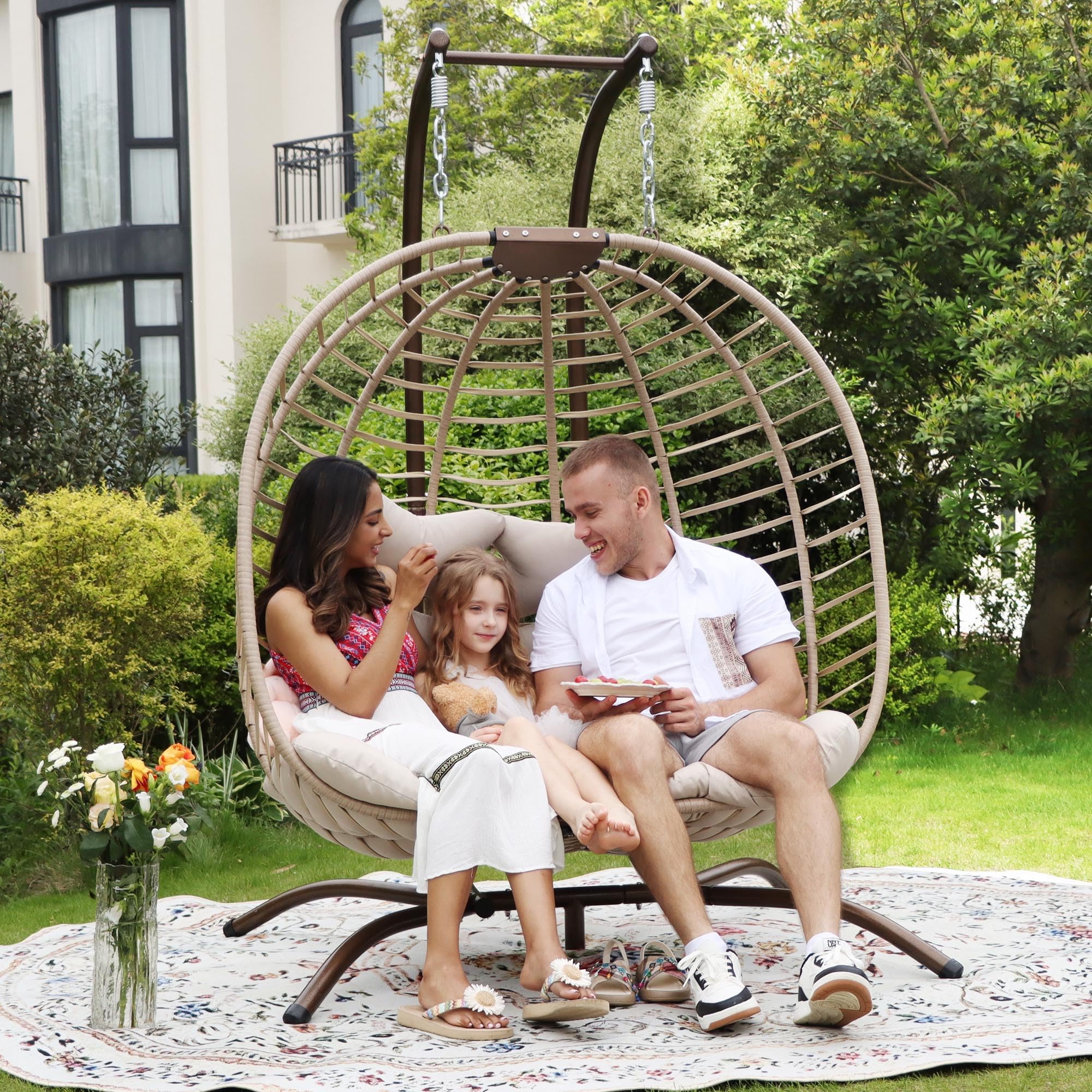 NICESOUL® 2 Person Double Egg Chair Outdoor Hanging Swing with Beige Cushions - 680 lbs Capacity Wicker Loveseat for Patio, Backyard, Balcony & Bedroom - Perfect for Relaxing, Reading & Lounging
