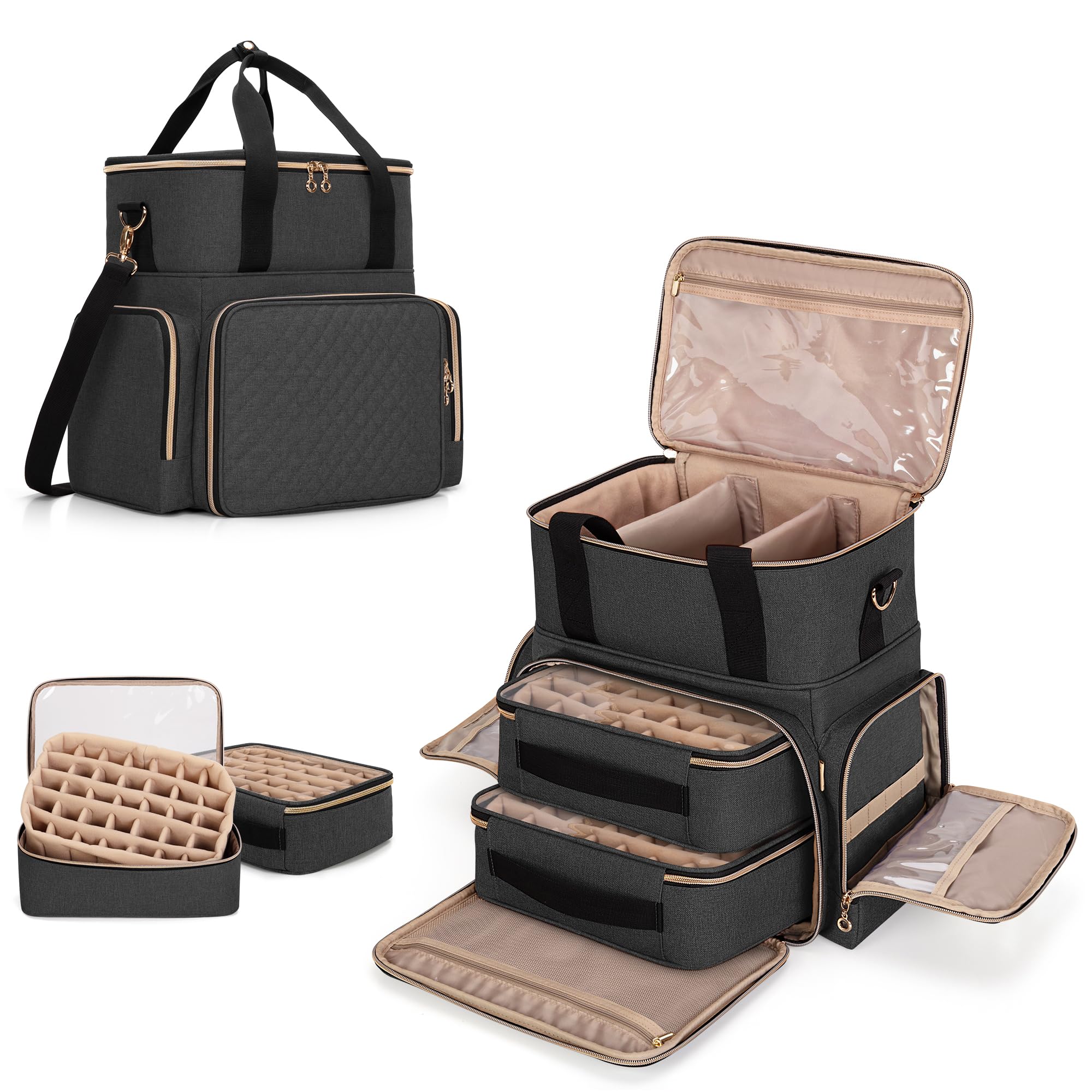 LUXJA Professional Nail Polish Organizer Case - Holds 70 Bottles & Nail Lamp with 2 Removable Bags & Tool Storage Pockets (Black) - Perfect for Salon, Home Manicure & Travel Nail Care Organization