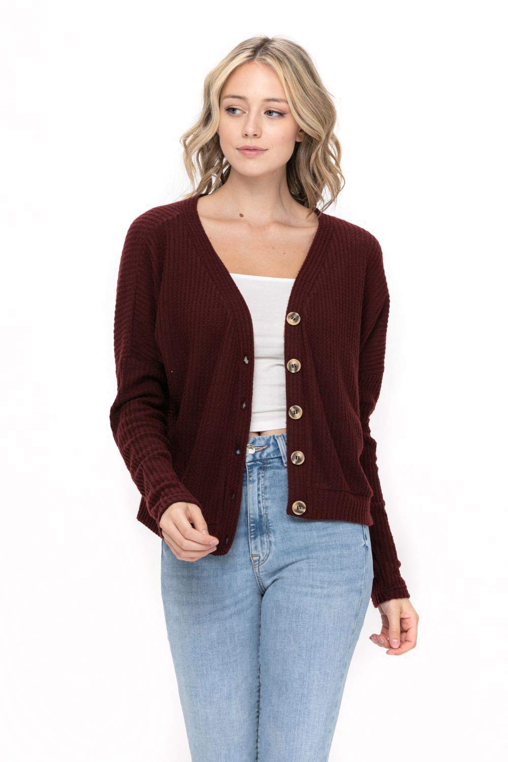 Women's Long Sleeve V-Neck Waffle Knit Cardigan Sweater - Soft Button Down Pullover for Fall & Winter - Perfect for Office, Date Night and Casual Outfits