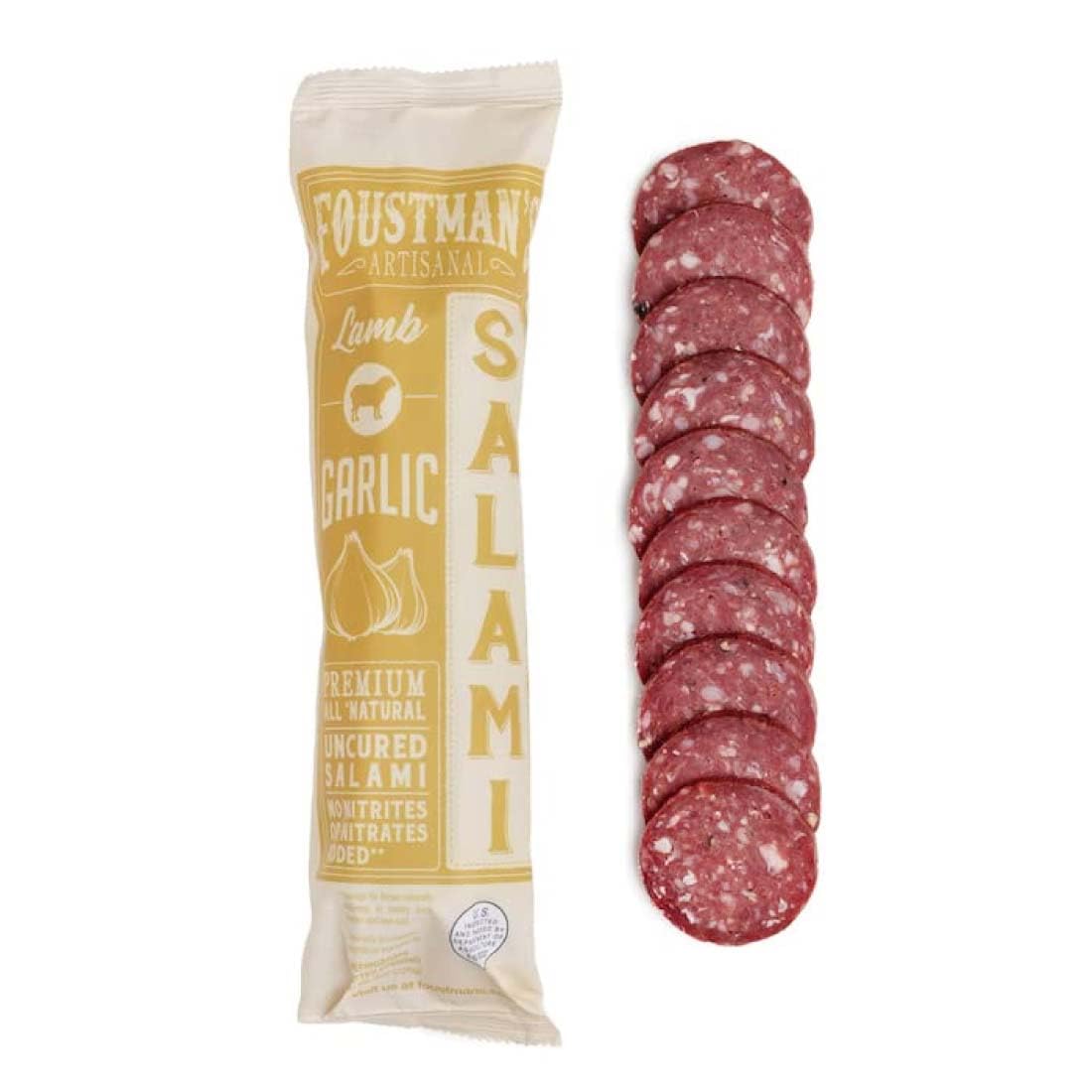 Foustman's Artisanal Garlic Lamb Salami - Nitrate-Free, Naturally Cured, Gluten-Free & Dairy-Free (8 Oz) | Pork-Free Snack for Charcuterie Boards, Picnics & Keto Diet