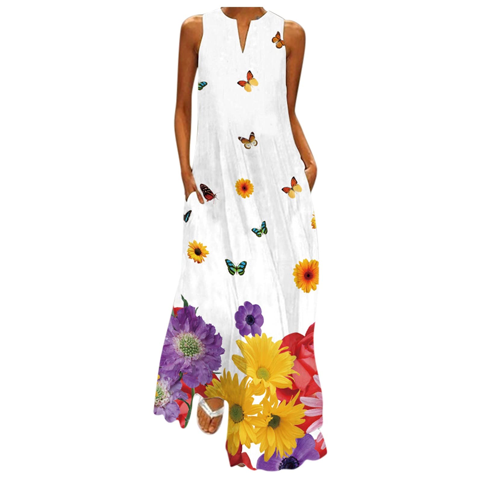 Women's Summer Sun Dress - Flowy Swing Maxi Dress with Pockets, V-Neck Sleeveless Cami Party Dress in White | Perfect for Beach Vacations, Garden Parties & Casual Outings