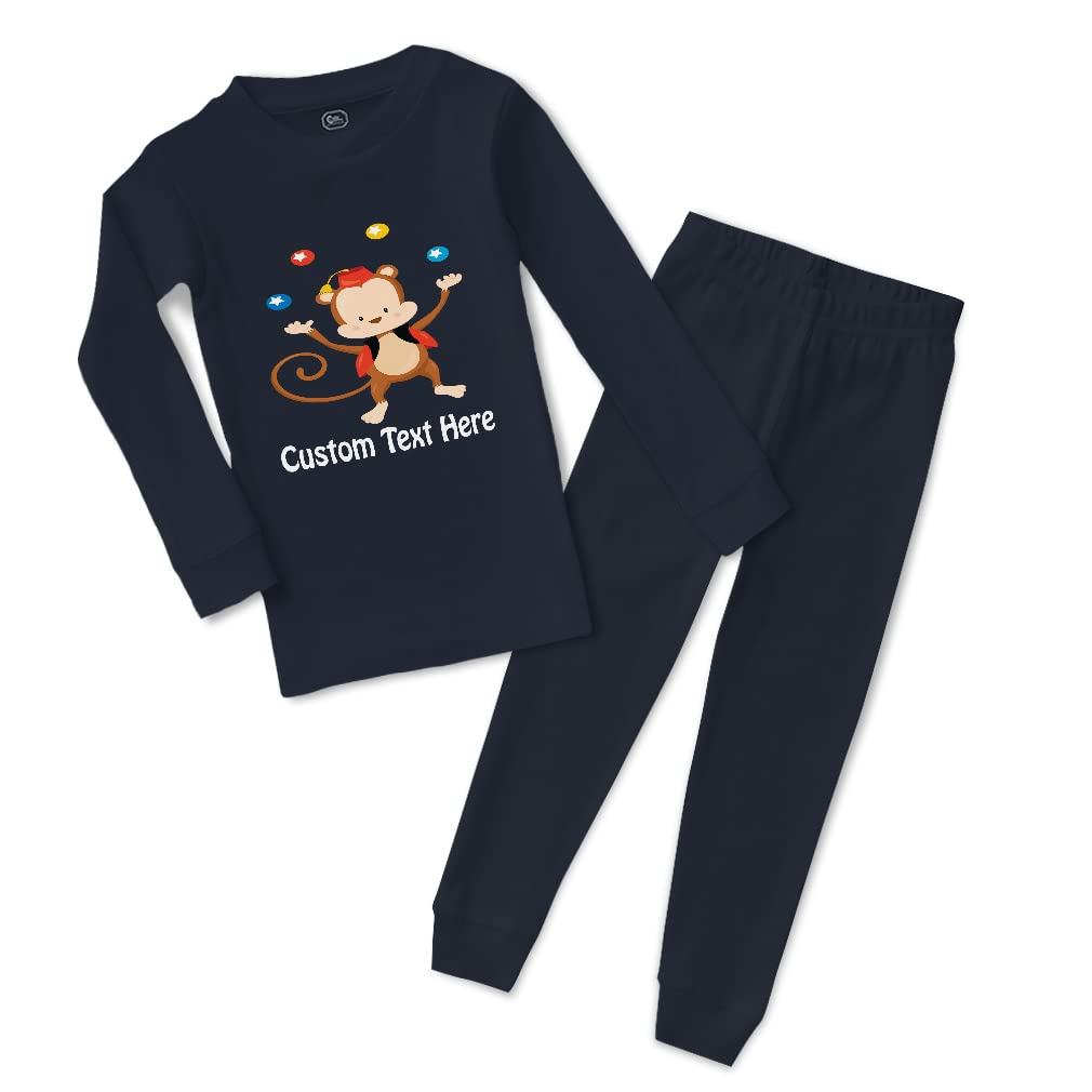 Custom Personalized Boy & Girl Cotton Toddler Pajama Set - Monkey Juggler Zoo Print Funny Baby Sleepwear - Snug Fit Navy Blue - 12 Months - Perfect for Bedtime, Playtime & Family Matching Pajama Days