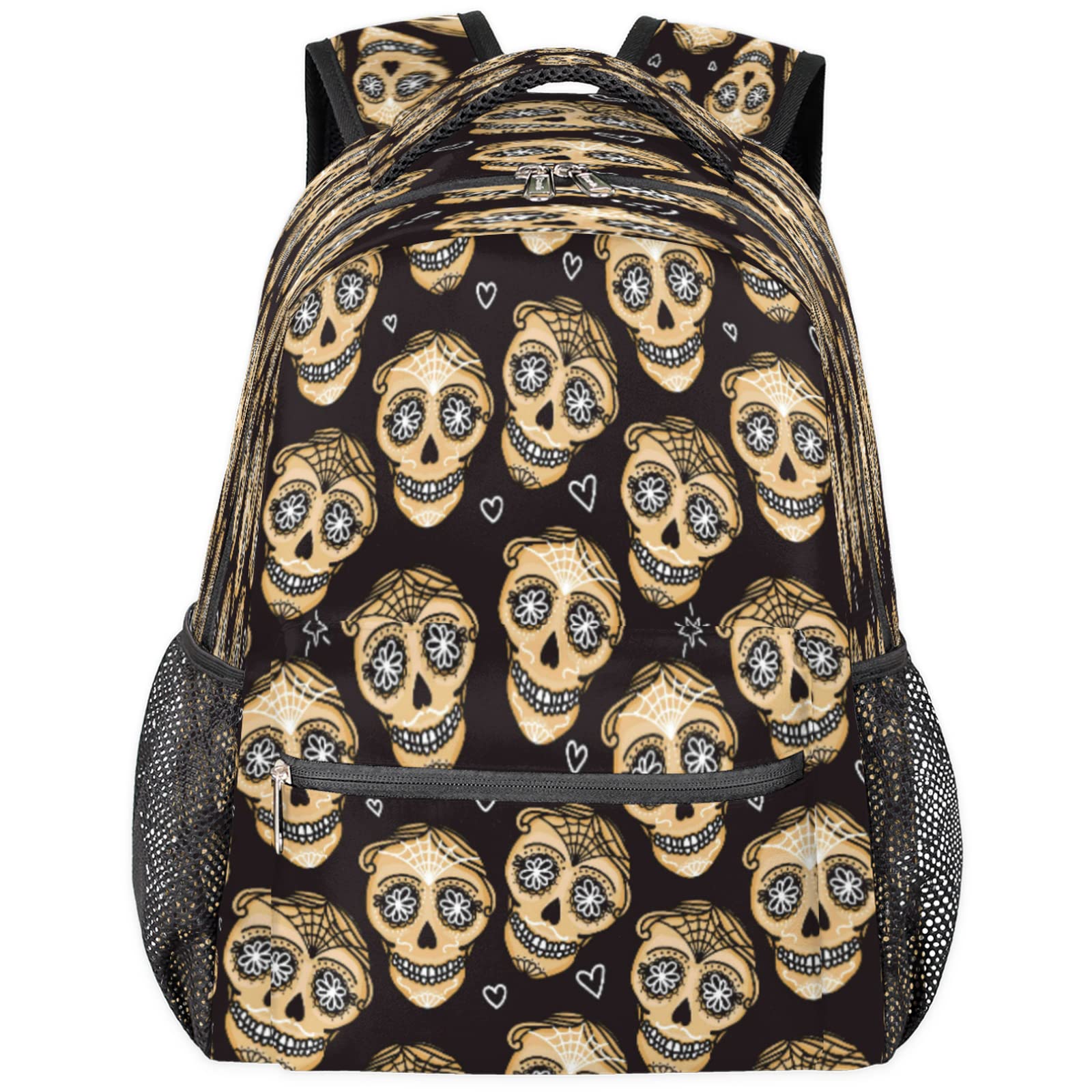 Sugar Skull Laptop Backpack for Boys & Girls - Adjustable School Bookbag with Shoulder Straps | Durable Travel Backpack for Work, College & Daily Commute | Perfect for Halloween, Day of the Dead & Gothic Fashion