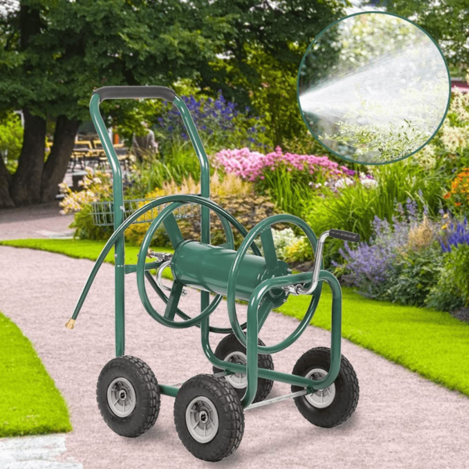 Heavy Duty 300-Feet Garden Hose Reel Cart with Wheels & Storage Basket - 5/8-Inch Hose Holder for Outdoor Watering, Yard Work, Gardening & Lawn Care - Perfect for Patio, Backyard & Landscape Maintenance (Green)