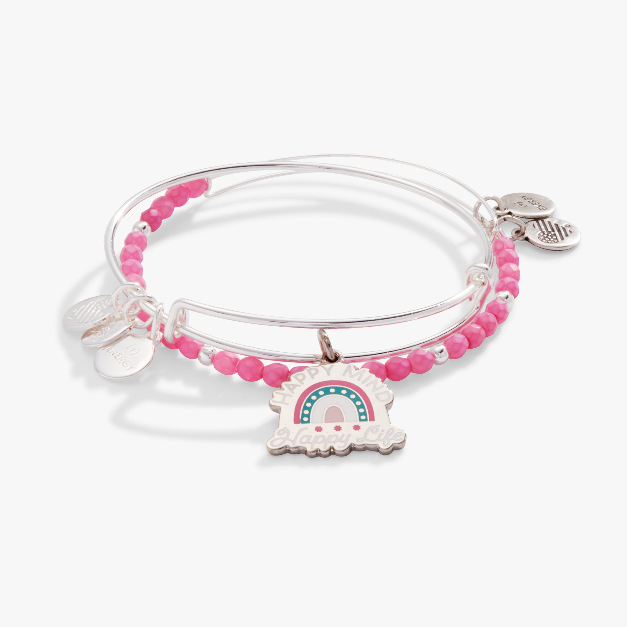 Happy Mind Happy Life Inspirational Charm Bangle Set of 2 - Motivational Jewelry for Women, Positive Affirmation Bracelet for Daily Wear, Meditation & Yoga Accessory