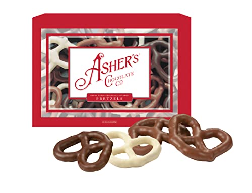 Asher's Premium Chocolate Covered Pretzels Assortment - Gourmet Sweet & Salty Snack - Kosher Certified Milk, Dark & White Chocolate - Family Owned Since 1892 (14.5oz) - Perfect for Holiday Gifts, Party Favors & Office Treats
