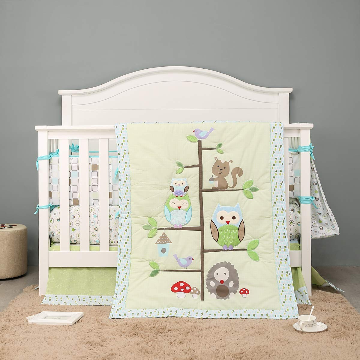 Owl Hedgehog Nursery Crib Bedding Set - 7 Piece Baby Bedding Set with Squirrel & Bird Design, Unisex for Boys & Girls | Perfect for Newborn Nursery, Baby Shower Gift, and Cozy Crib Decor