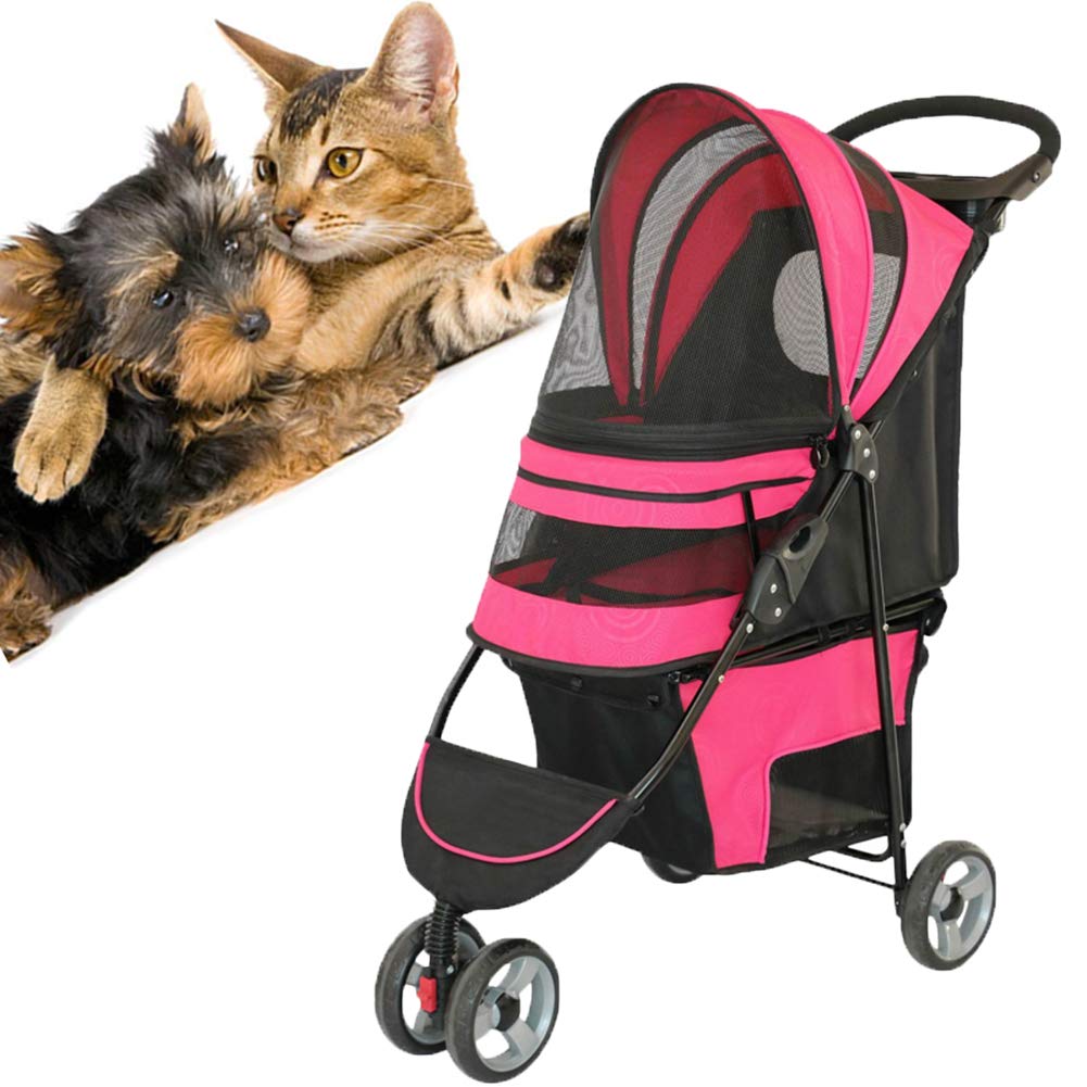 Portable Pet Travel Stroller - Lightweight Compact Dog & Cat Pushchair with Storage Basket & Cup Holder | Perfect for Outdoor Walks, Shopping Trips & Vet Visits (Pink)