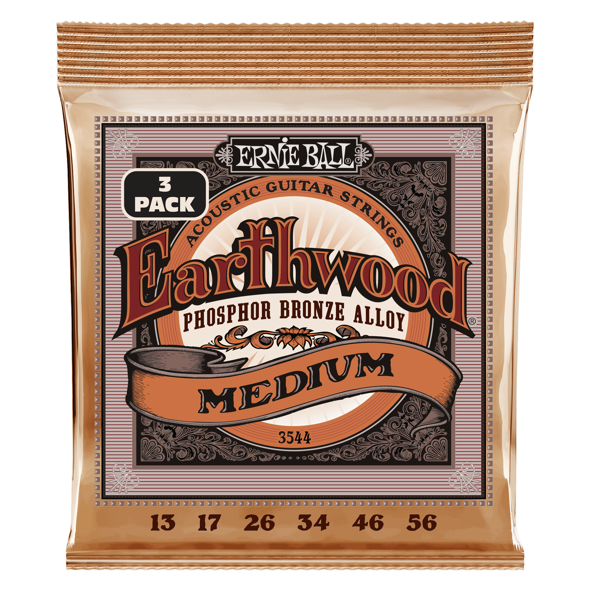 Ernie Ball Earthwood Medium Phosphor Bronze Acoustic Guitar Strings 3-Pack (13-56 Gauge) - Perfect for Folk, Blues & Fingerstyle Playing