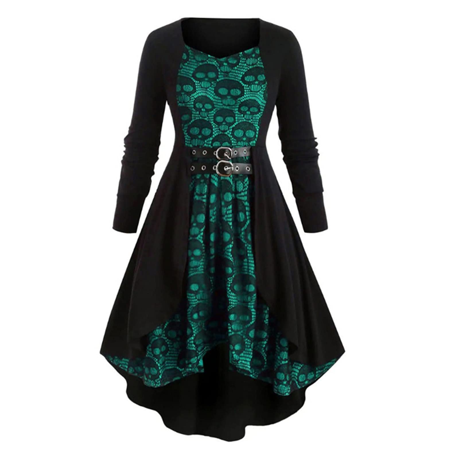 Women's Long Sleeve Gothic Skull Print Maxi Dress - Vintage Renaissance Style for Halloween Party & Cocktail Events | Elegant Gothic Fashion for Women