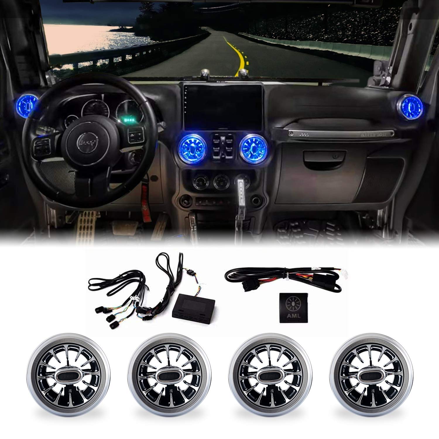 32-Color LED Air Vent Ambient Lights for 2011-2017 Jeep Wrangler JK/JKU - Customizable Atmosphere Lighting with Turbine Outlet Design - Perfect for Interior Styling & Night Driving (4-Piece Set)