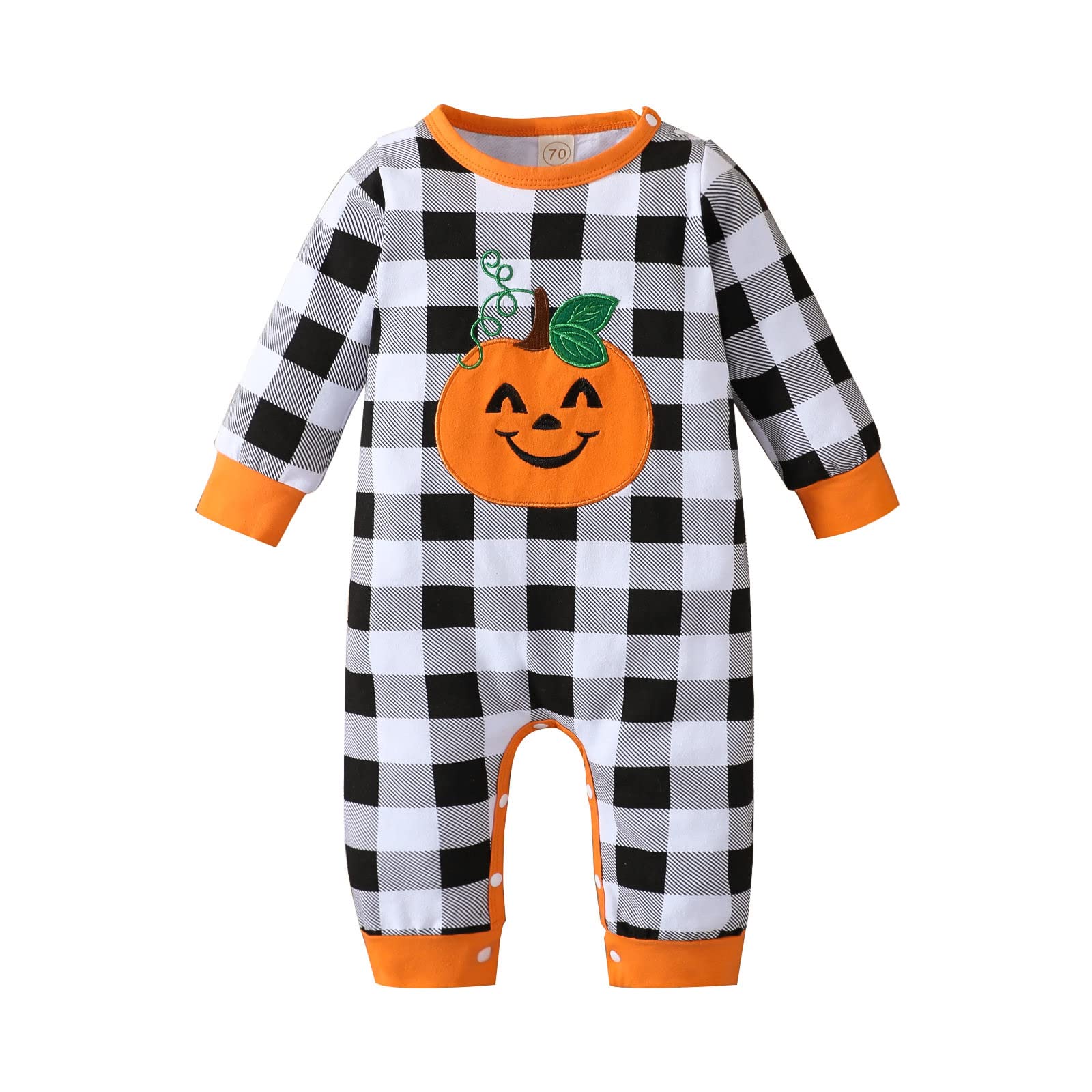 Boys Snow Jumpsuit | Infant Winter Romper for Boys & Girls | Halloween Long Sleeve Plaid Outfit with Cute Pumpkin Prints | Perfect for Snow Play, Winter Holidays & Costume Parties