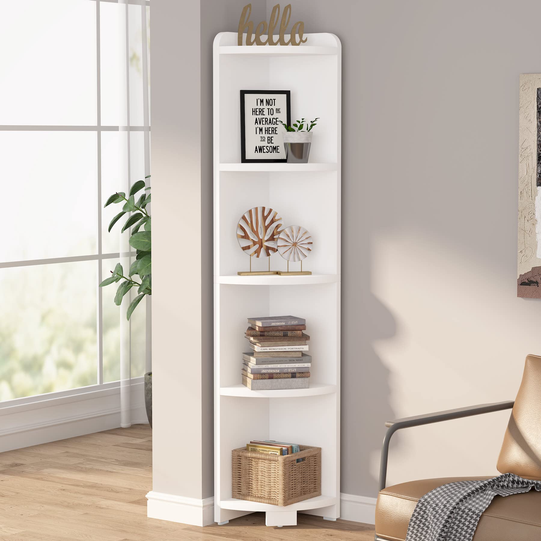 Tribesigns 5-Tier White Corner Shelf - Wooden Wall Mounted Bookshelf with Anti-Slip Pads, Space-Saving Storage Rack for Plants, Books & Decor - Perfect for Home, Office, Kitchen & Bedroom Organization