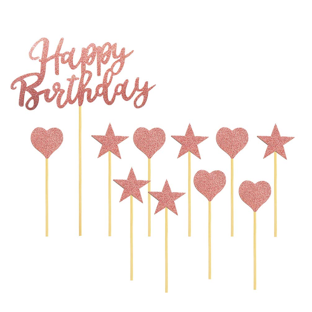 HEMOTON 5 Sets Happy Birthday Cake Cupcake Toppers - Star & Heart Shaped Cake Decorations for Birthday Parties, Baby Showers & Wedding Celebrations - Premium Cake Picks for Dessert Decorating