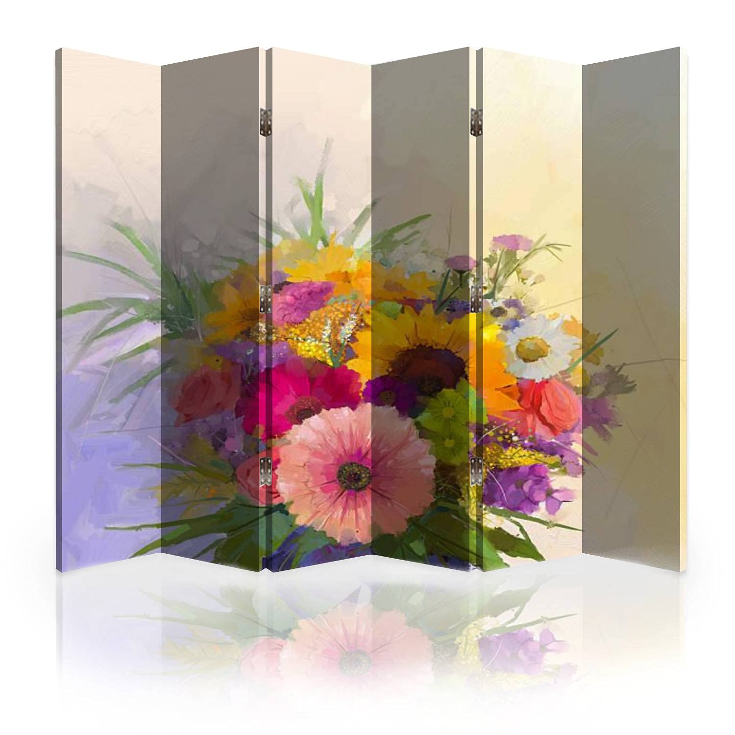 6 Panel Canvas Room Divider Screen with Floral Oil Painting - Folding Privacy Partition for Bedroom, Office & Living Room Decor | Handmade Flower Vase Still Life Artwork