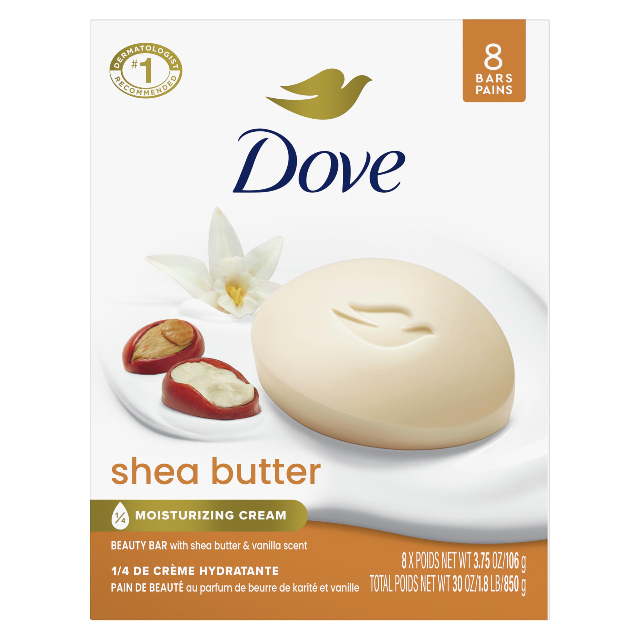 Dove Beauty Bar Soap with Shea Butter - Moisturizing & Nourishing for Dry Skin (8-Pack) | Gentle Cleansing for Face & Body | Perfect for Daily Shower & Bath Routine