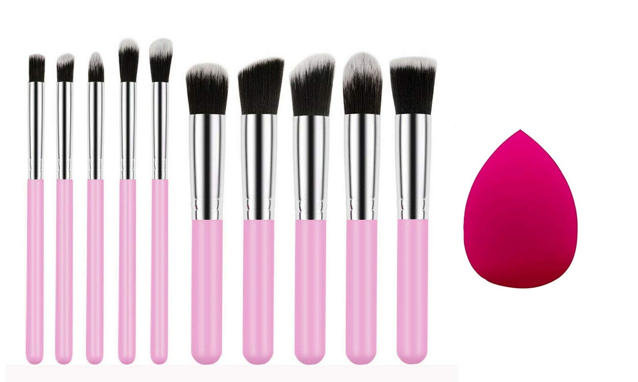 Lukzer 10-Piece Soft Makeup Brush Set with Free Sponge Blender - Pink Portable Cosmetic Brush Kit for Foundation, Blush, Eyeshadow & Contouring | Perfect for Travel & Professional Makeup Artists