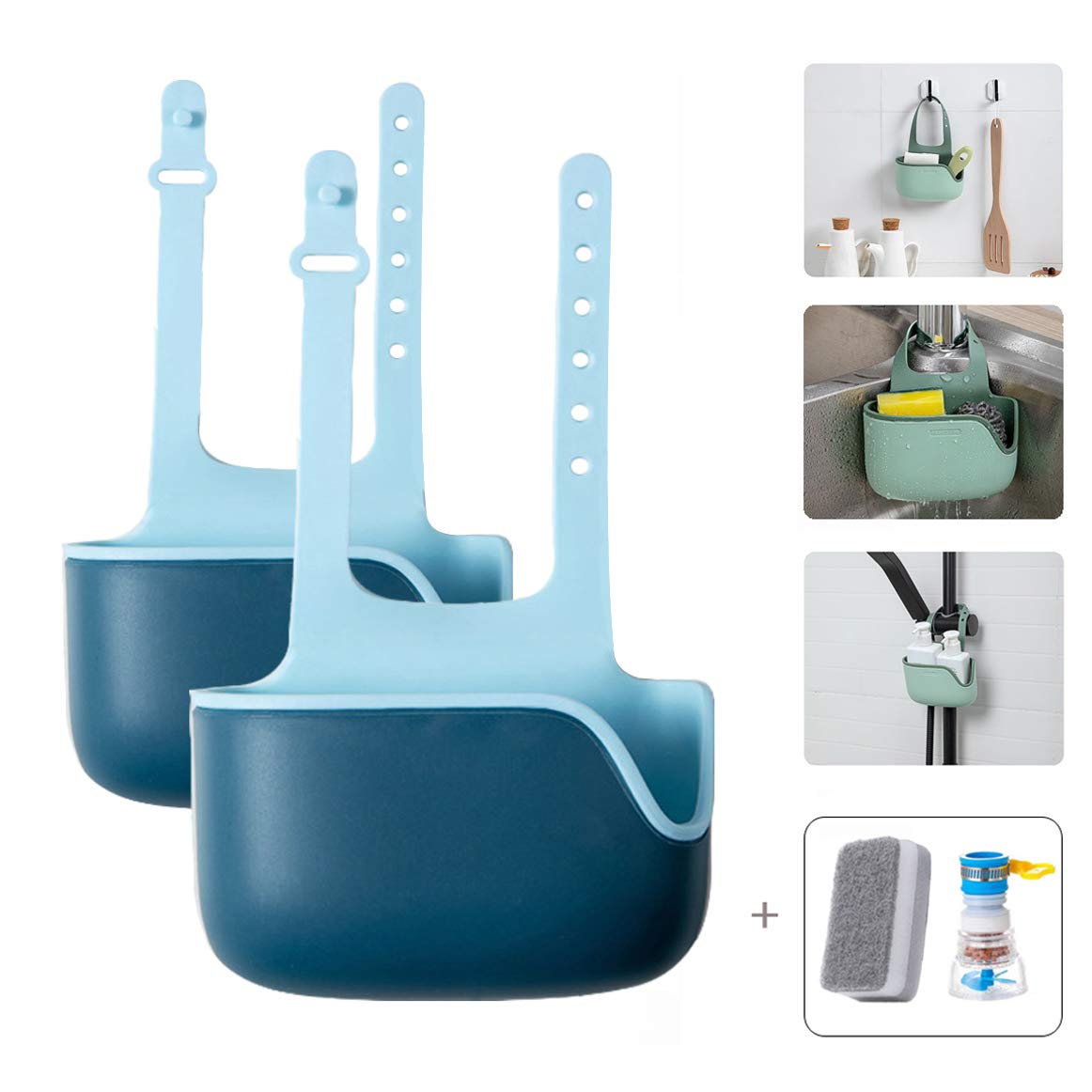 QQBB Expandable Kitchen Sink Organizer - Adjustable Silicone Sponge Holder with Drain Holes, Space-Saving Sink Caddy & Storage Rack (2-Pack, Blue) - Perfect for Small Kitchens, Apartments & RVs