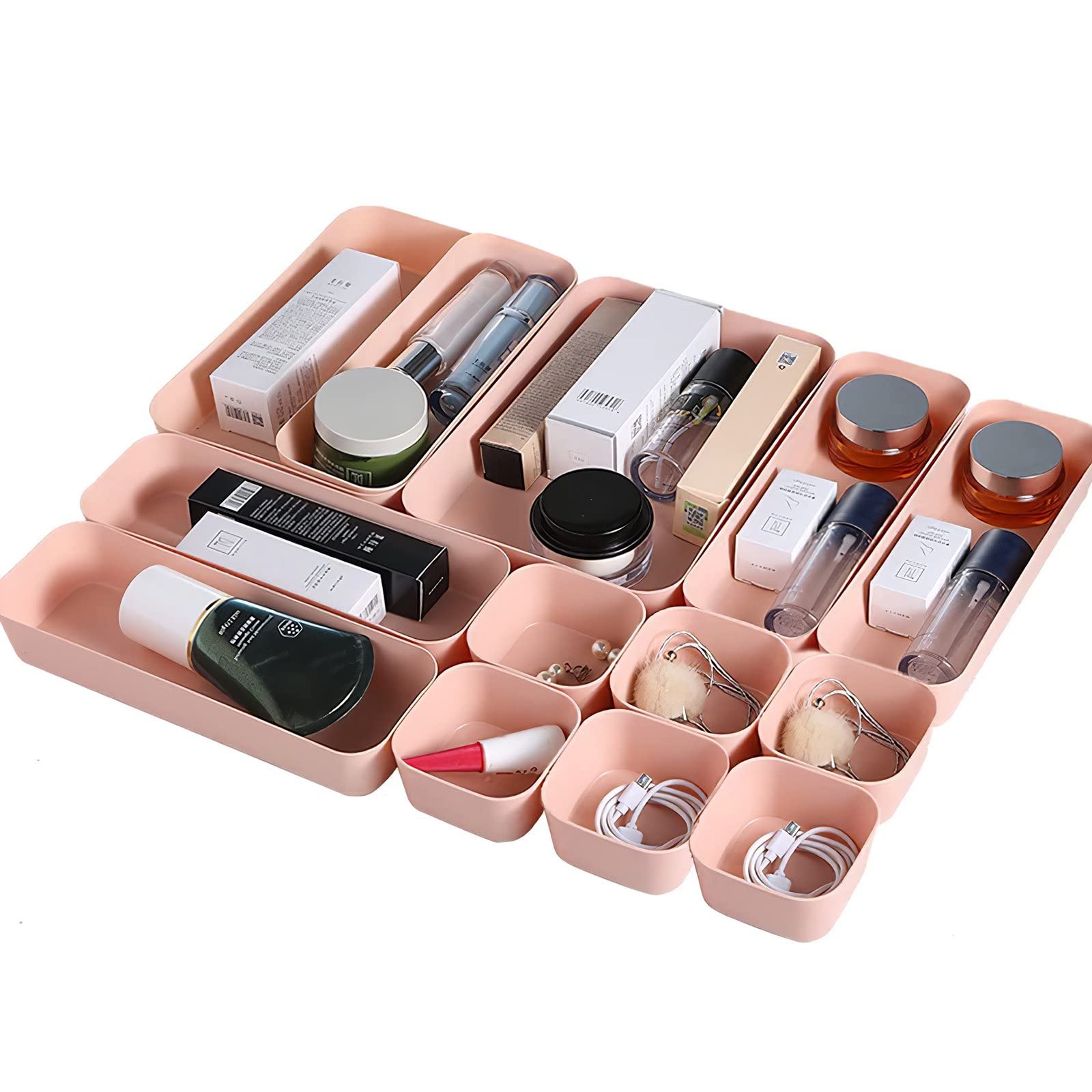 12-Piece Plastic Drawer Organizer Set - Vanity Storage Bins & Trays with Dividers for Makeup, Office, Bathroom, Dresser & Kitchen - Pink (39289) | Perfect for Clutter-Free Organization at Home & Work