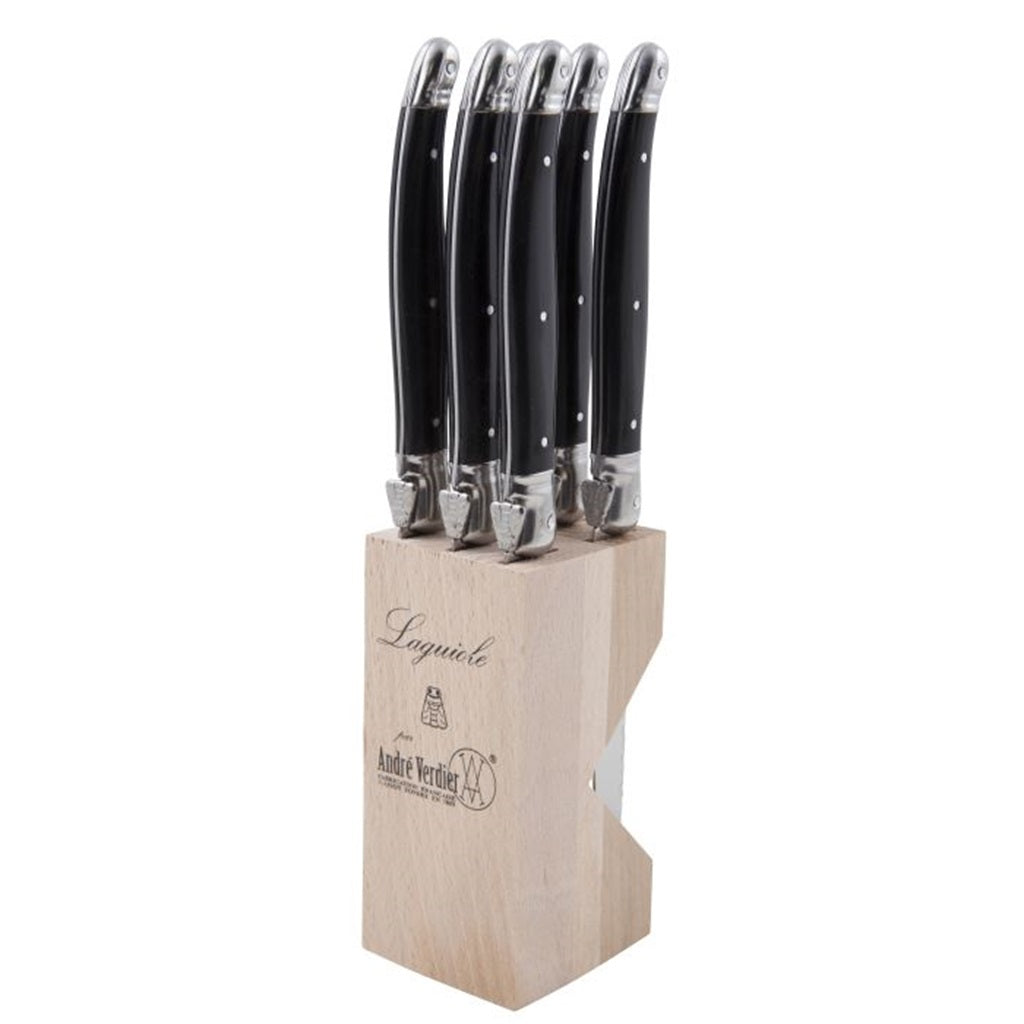 Premium Laguiole By Andre Verdier 6-Piece Serrated Knife Set - Black Stainless Steel Steak Knives for Fine Dining & Kitchen Use
