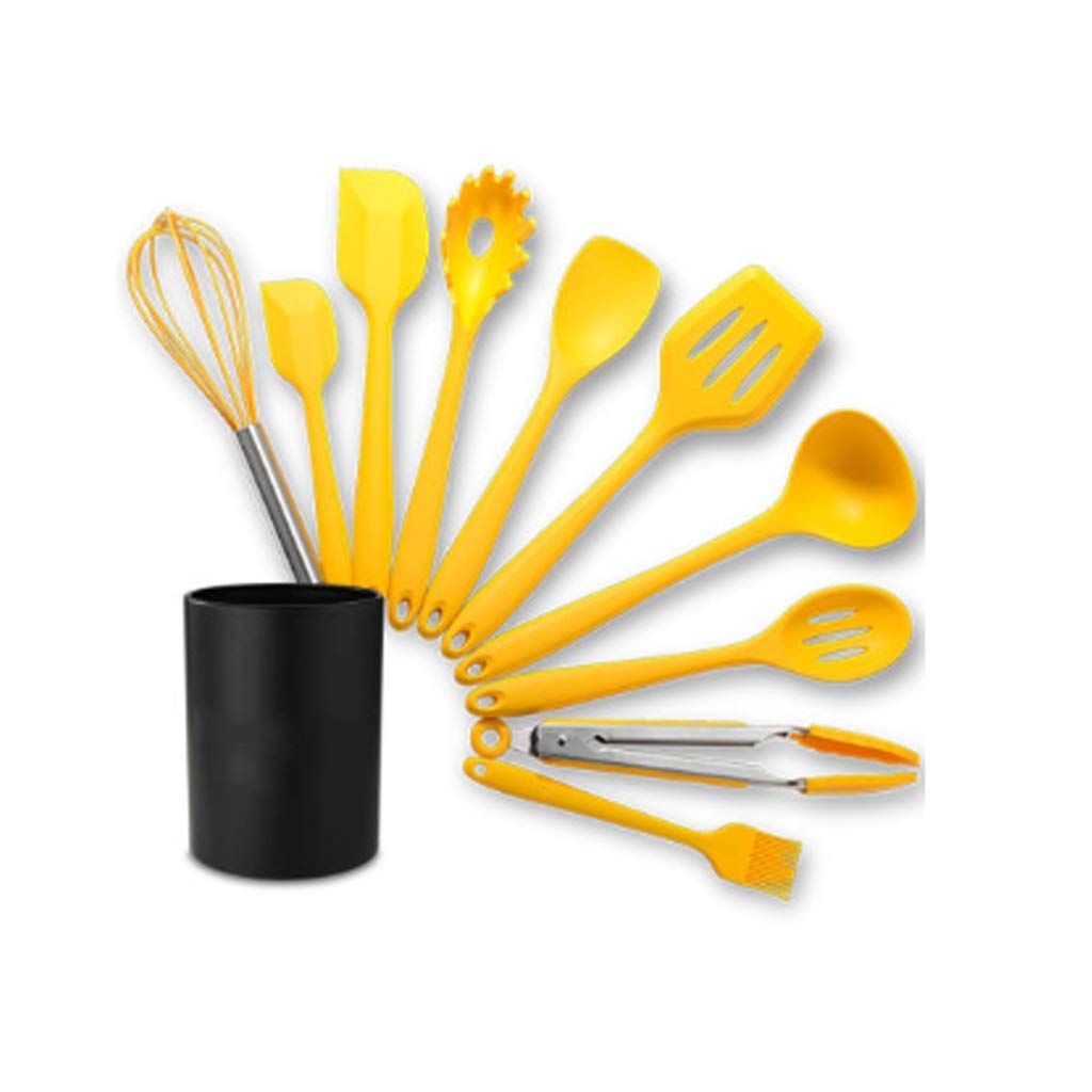 10-Piece Yellow Silicone Kitchen Utensil Set - Non-Slip Cooking Tools with Storage Bucket for Baking, Frying & Food Prep | Dishwasher Safe & Heat Resistant