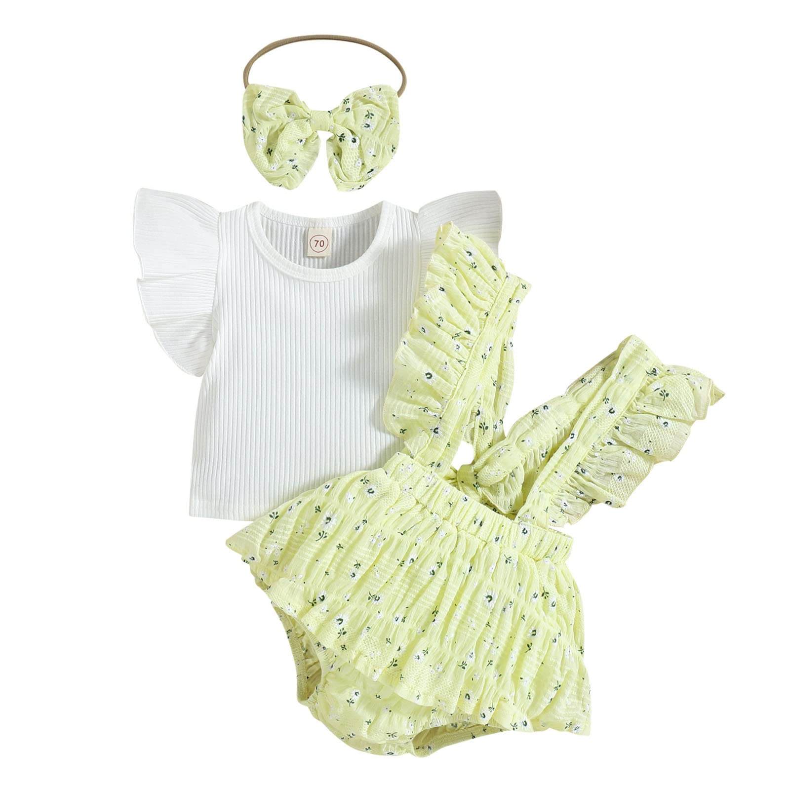 Baby Girls Clothes Set - Toddler Short Sleeve Ribbed T-Shirt & Ruffled Floral Print Suspenders Shorts with Headband | Cute Summer Outfit for Playdates, Birthday Parties & Photo Shoots