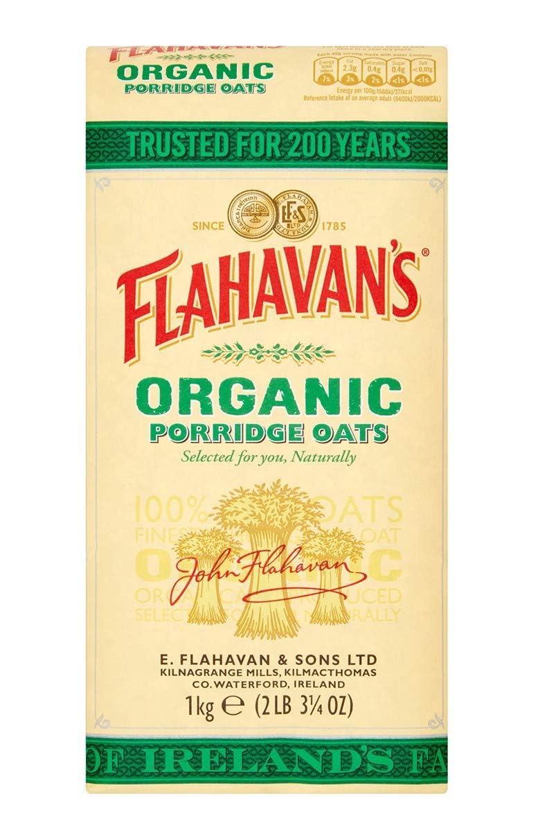 Organic Rolled Oats by Flahavan's | 100% Whole Grain Irish Oatmeal | Non-GMO, Gluten-Free Breakfast Cereal | 2.2 lb (1kg) Resealable Bag | Perfect for Overnight Oats, Baking & Healthy Porridge