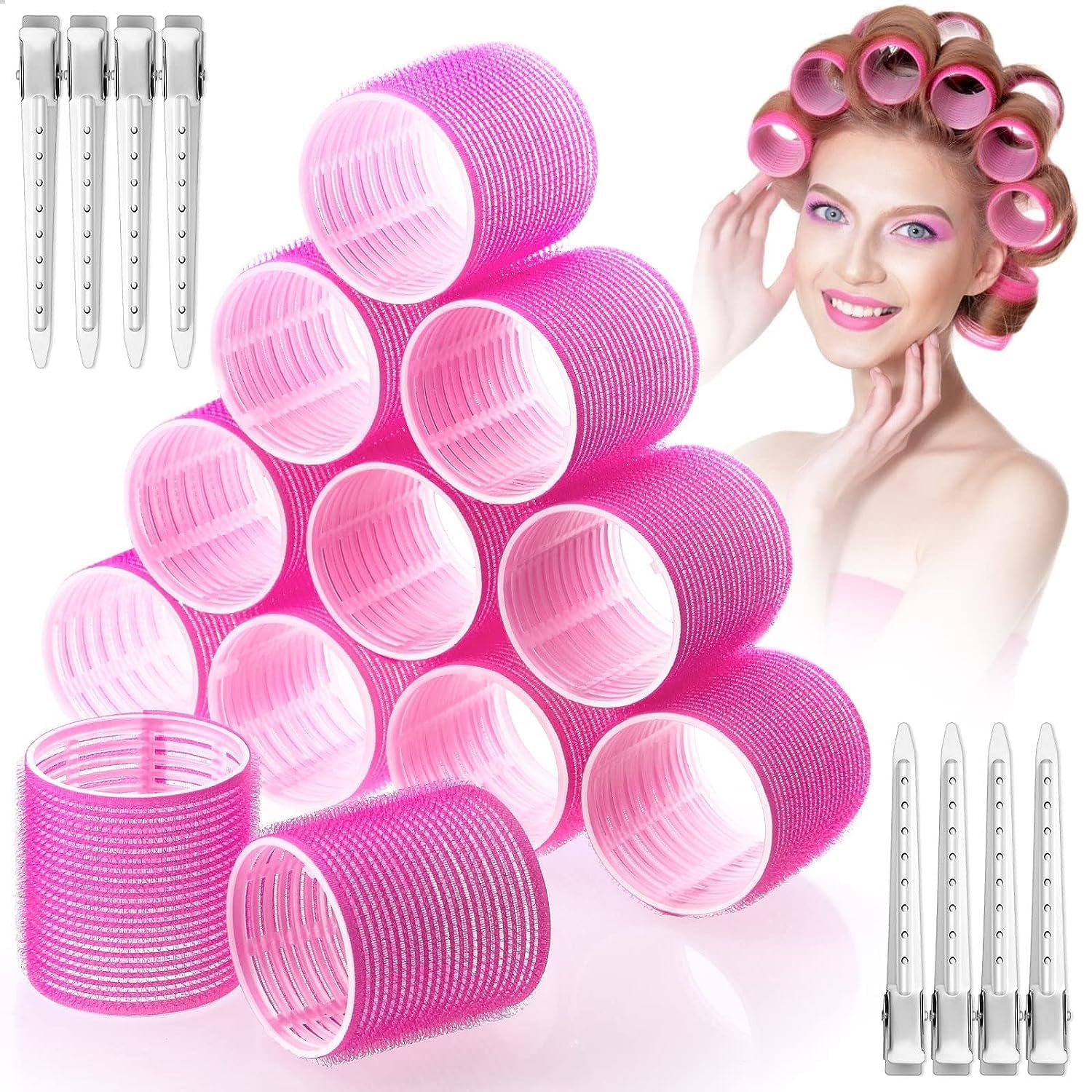 SPOKEN 6Pcs Jumbo Hair Rollers Set - Self Grip Curlers with Stainless Steel Duckbill Clips for Long & Medium Hair - Perfect for Women & Girls Salon Styling, Home Use & Party Hairstyles