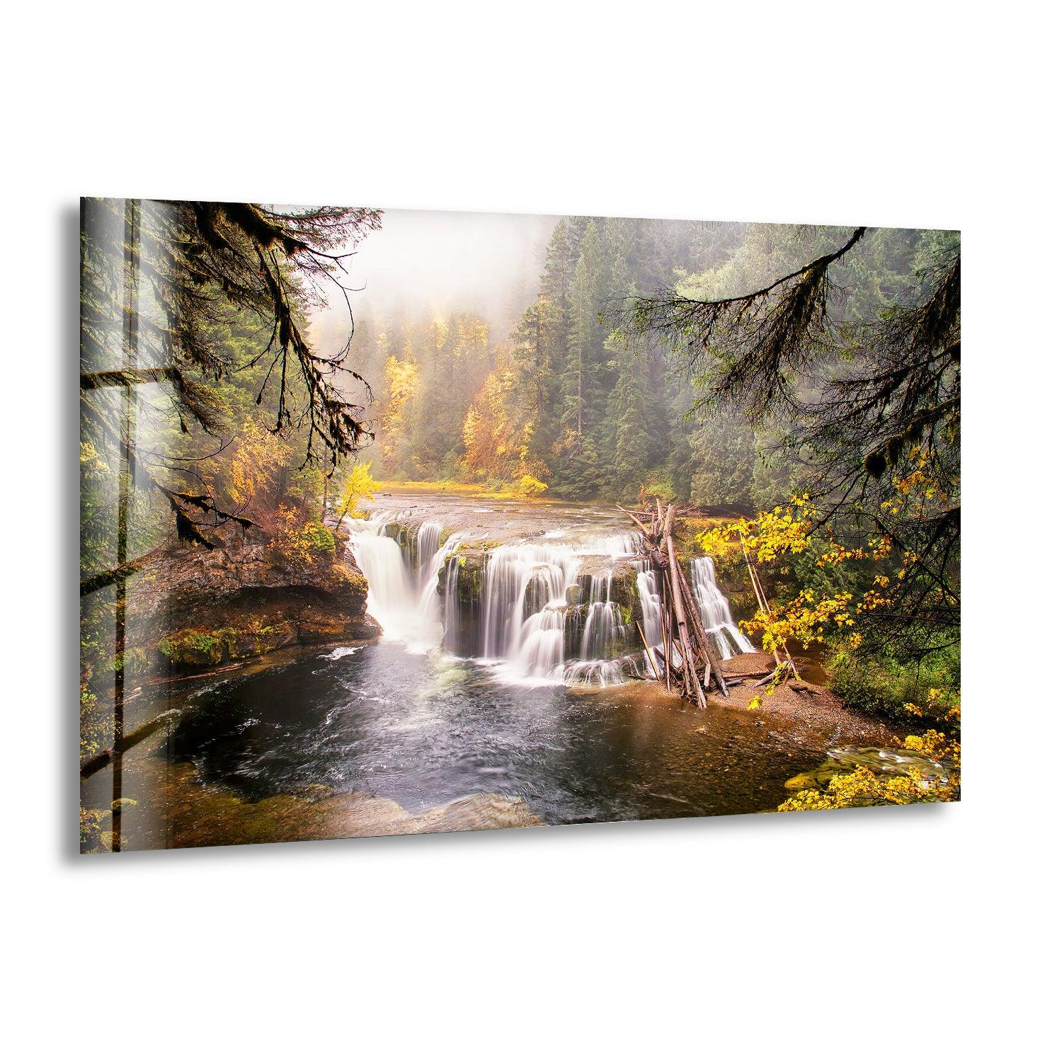 Autumn Waterfall Serenity Nature Wall Art - Stunning Landscape Glass Print for Home & Office Decor - Perfect for Living Room, Bedroom or Meditation Space