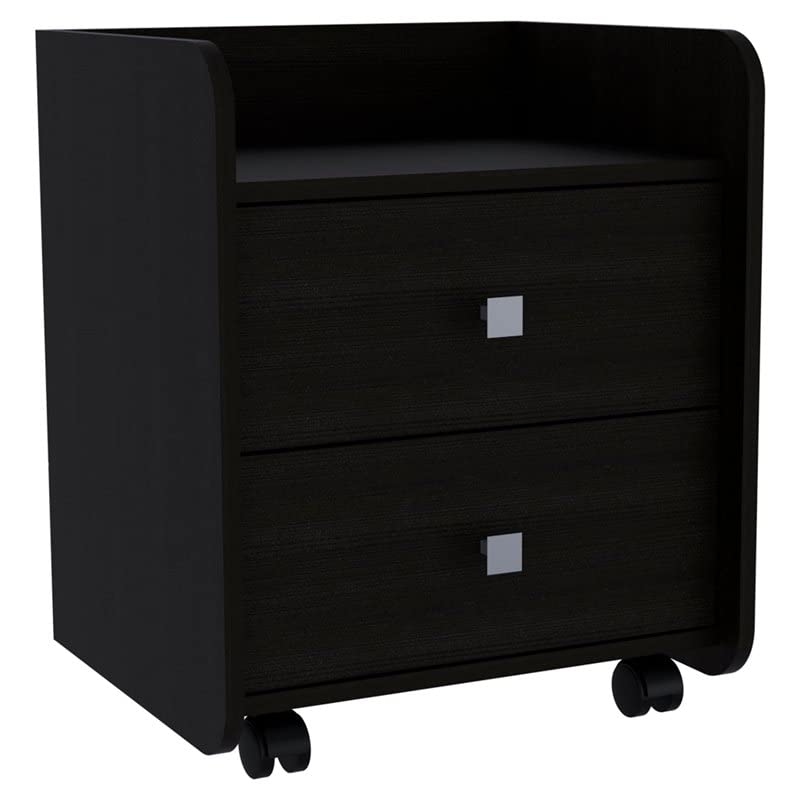 FM FURNITURE York Nightstand with 2 Drawers & 4 Casters - Modern Black Bedside Table for Bedroom, Living Room & Office - Easy Rolling Storage with Smooth Gliding Wheels