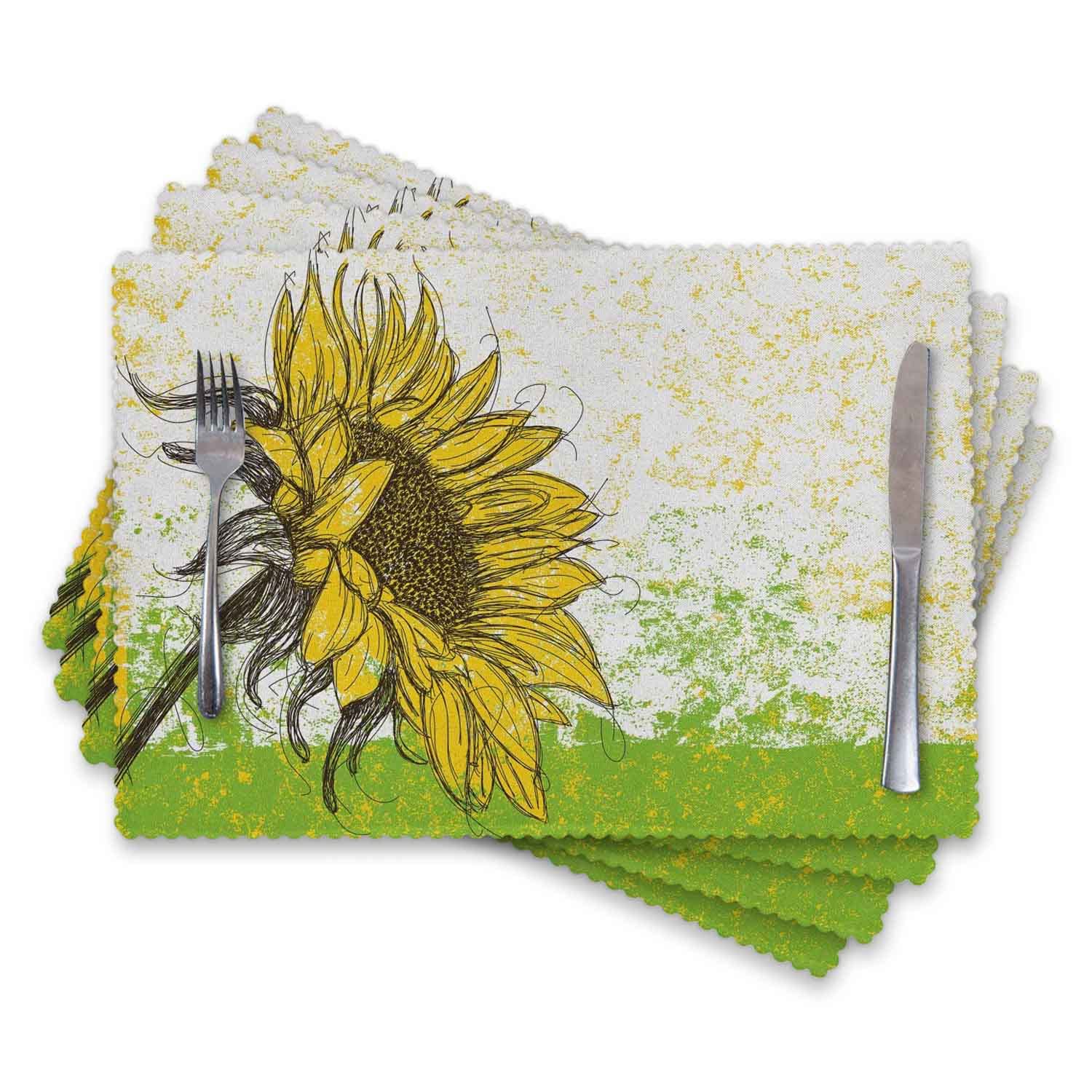 Set of 4 Heat-Resistant Polyester Placemats 12x18 Inch - Floral Sunflower Field & Summer Garden Abstract Design in Yellow & Green - Perfect for Dining Tables, Kitchen Decor, and Outdoor Picnics