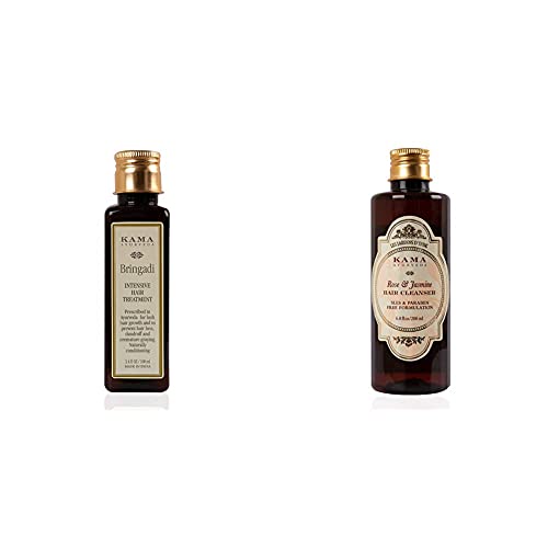 Kama Ayurveda Bringadi Intensive Hair Treatment for Damaged Hair & Rose Jasmine Hair Cleanser Shampoo Set - 100ml Hair Oil & 200ml Shampoo for Dry Scalp, Hair Growth, and Shine | Ayurvedic Hair Care Routine for Women & Men