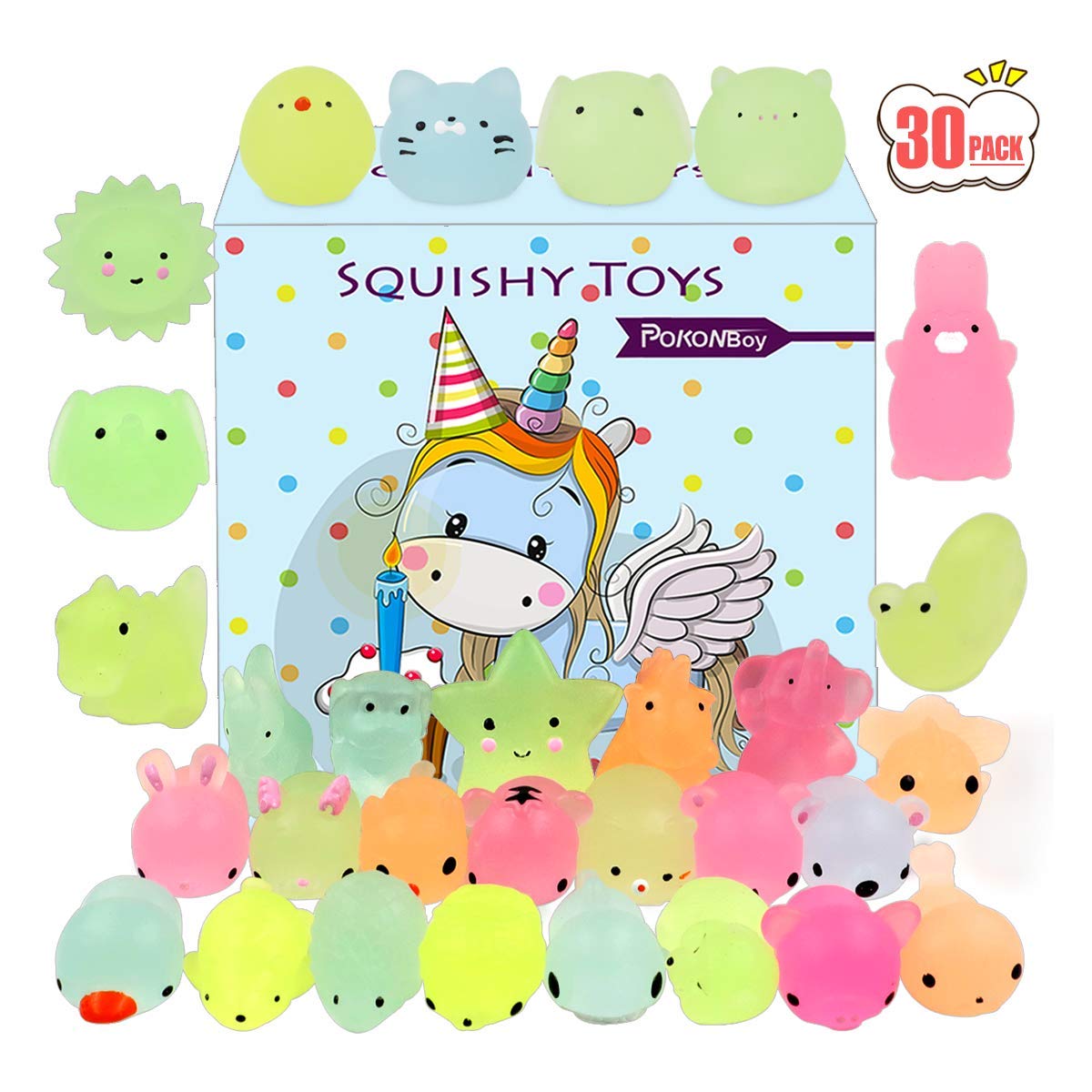 Glow in The Dark Mochi Squishy Toys - 30 Pack Mini Kawaii Animal Stress Relief Toys for Kids Party Favors, Birthday Gifts & Classroom Rewards - Cute Cat Squishies with Gift Box for Sensory Play & Anxiety Relief